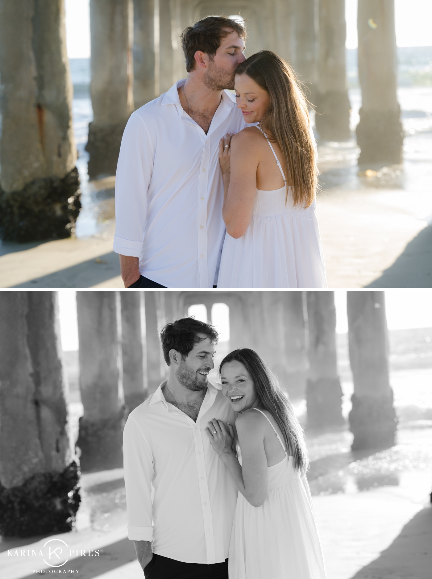 A couple standing under the Manhattan Beach Pier with the iconic arches framing them for their engagement session