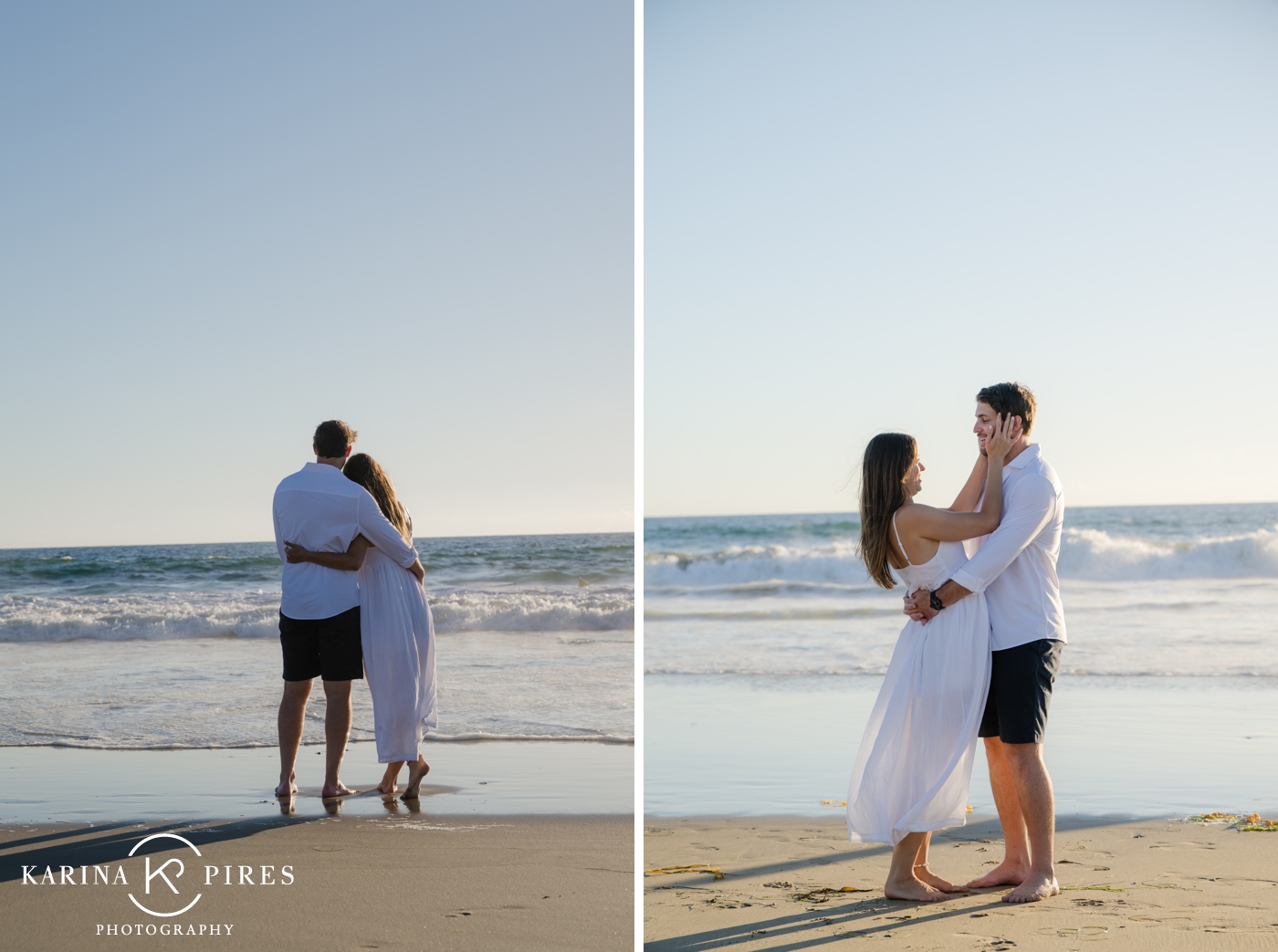 Beach engagement session at sunset in Southern California, the bride in a white dress, the groom in a white button down