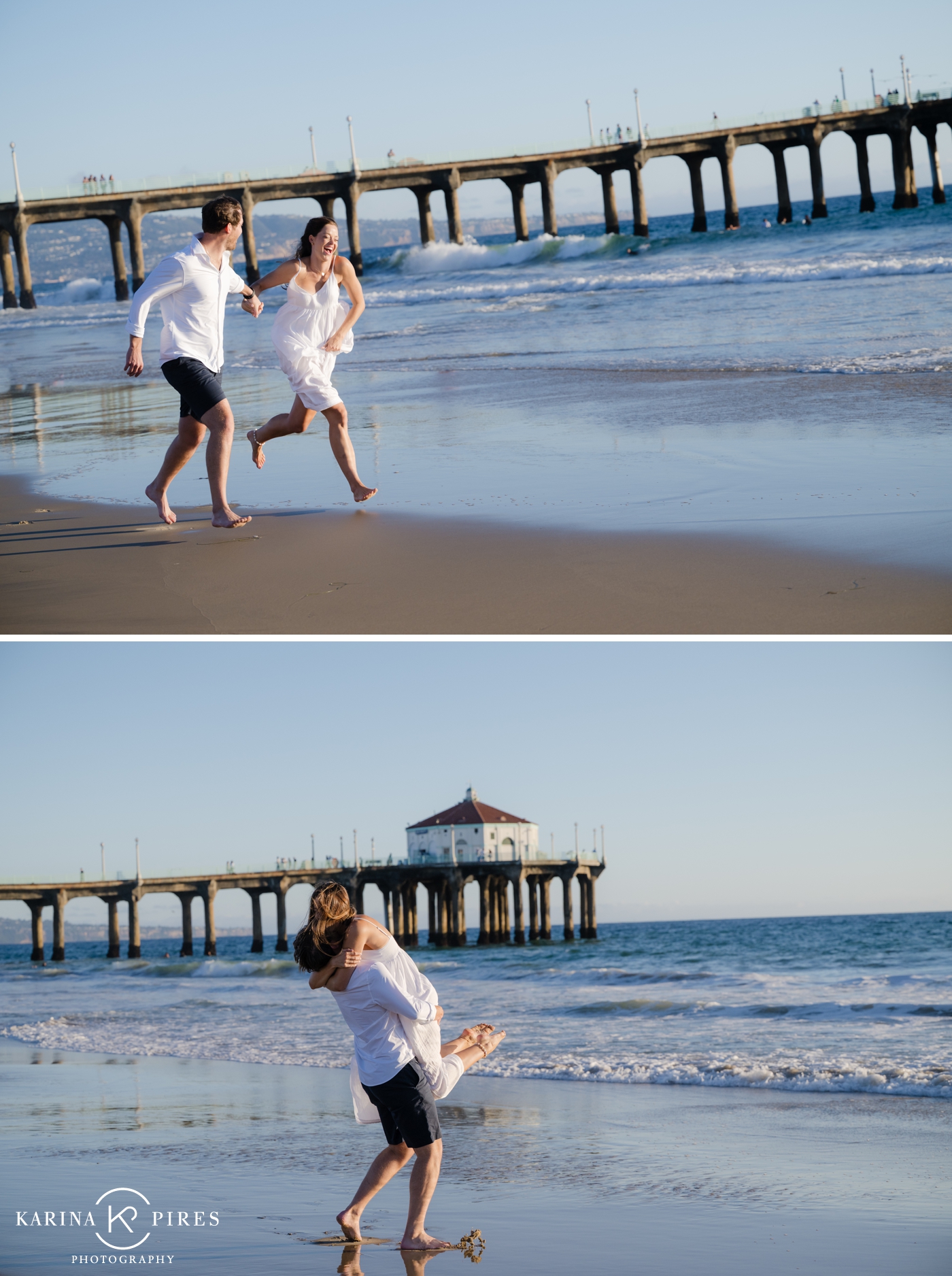 Beach engagement session at sunset in Southern California, the bride in a white dress, the groom in a white button down