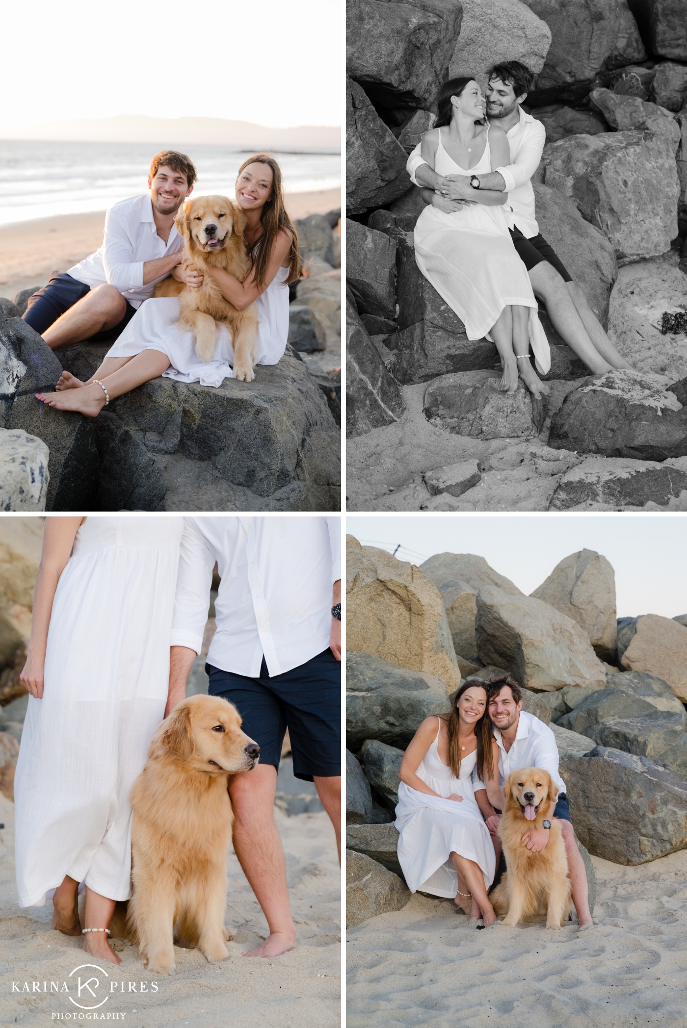A couple walking barefoot along the shoreline with golden retriever Gundo trotting beside them at Manhattan Beach.