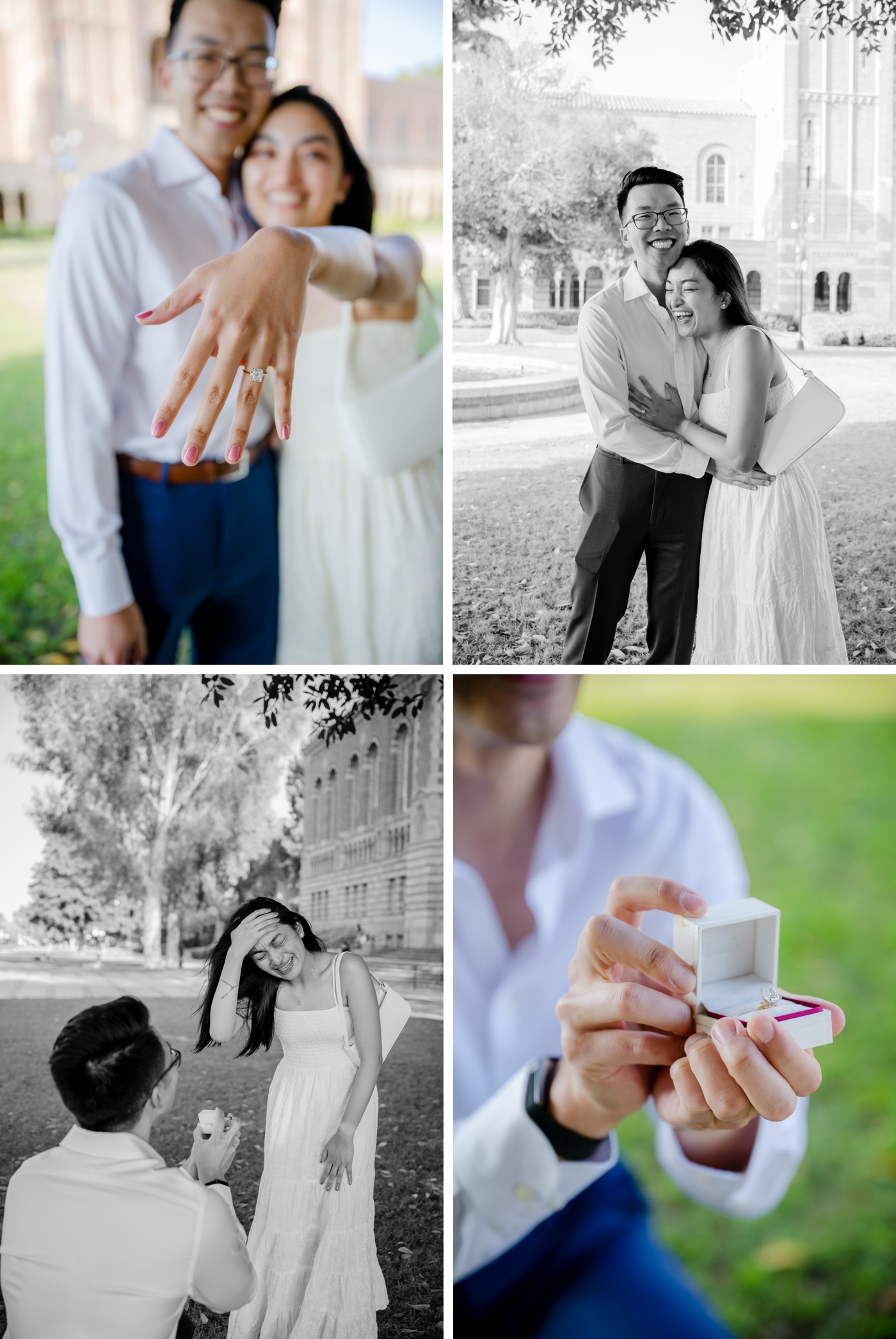 A couple showing off their engagement ring after a proposal on the UCLA campus