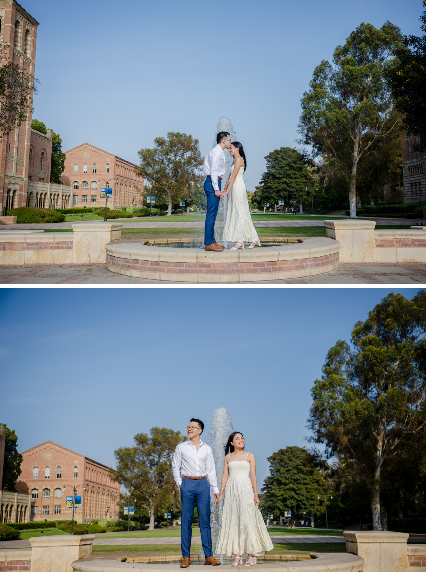 Engagement session on the UCLA campus, by a fountain