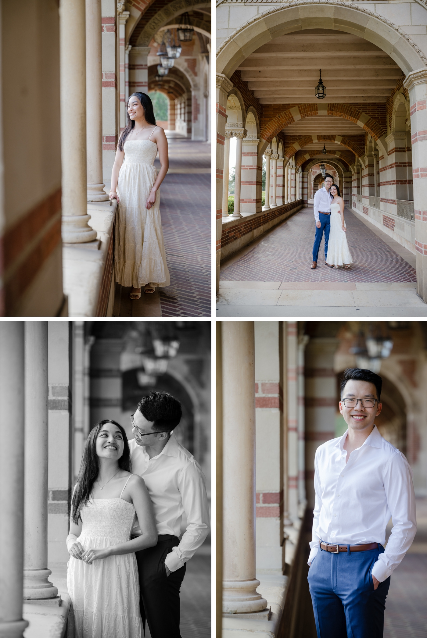 A couple taking pictures in the arched outdoor halls of Royce Hall on the UCLA campus