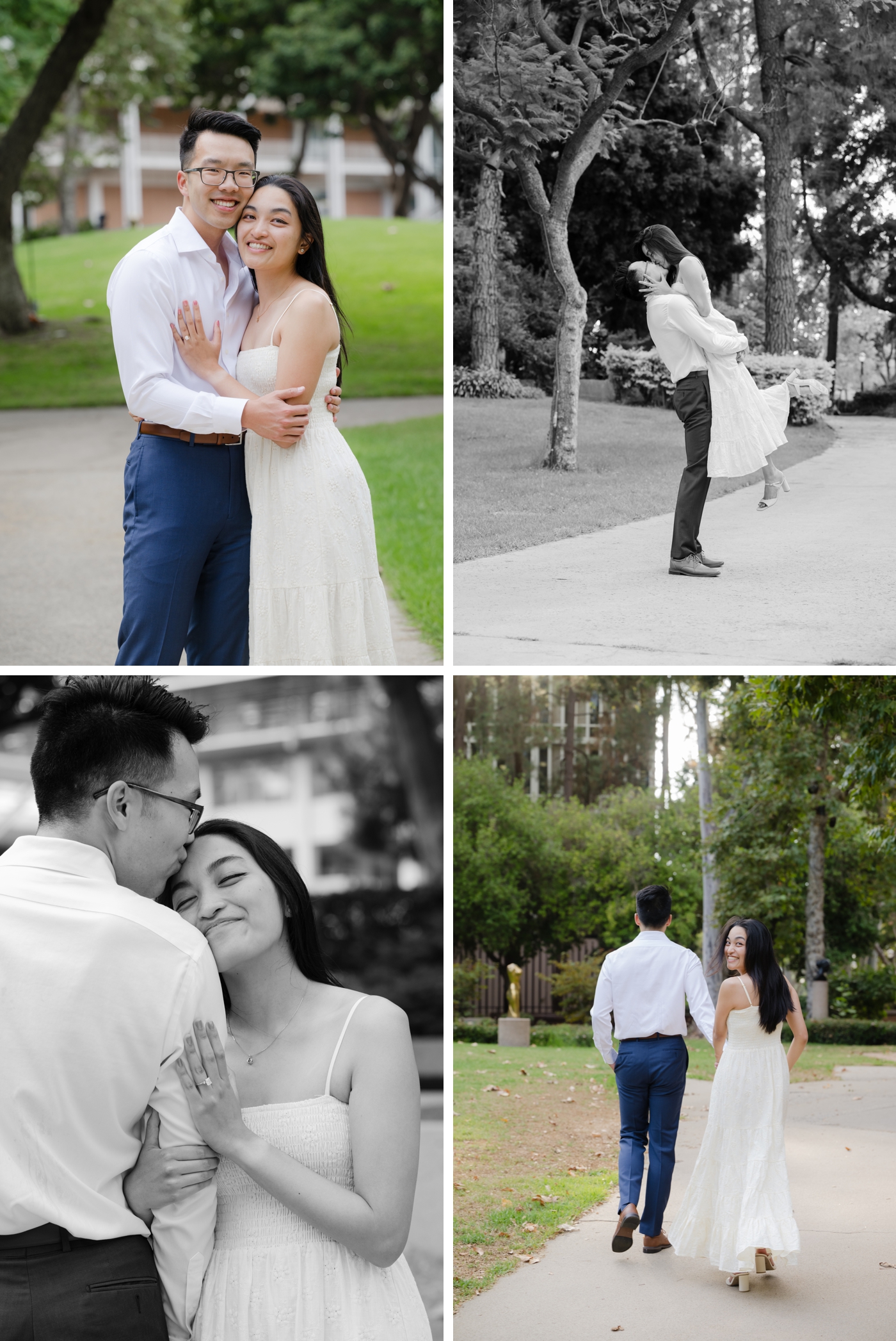 Post proposal pictures of a bride and groom, with her in a white dress, and him in a white button down