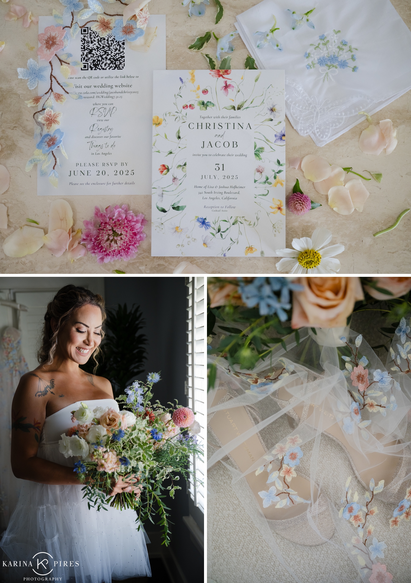 Watercolor floral wedding invitations for a backyard wedding in Los Angeles