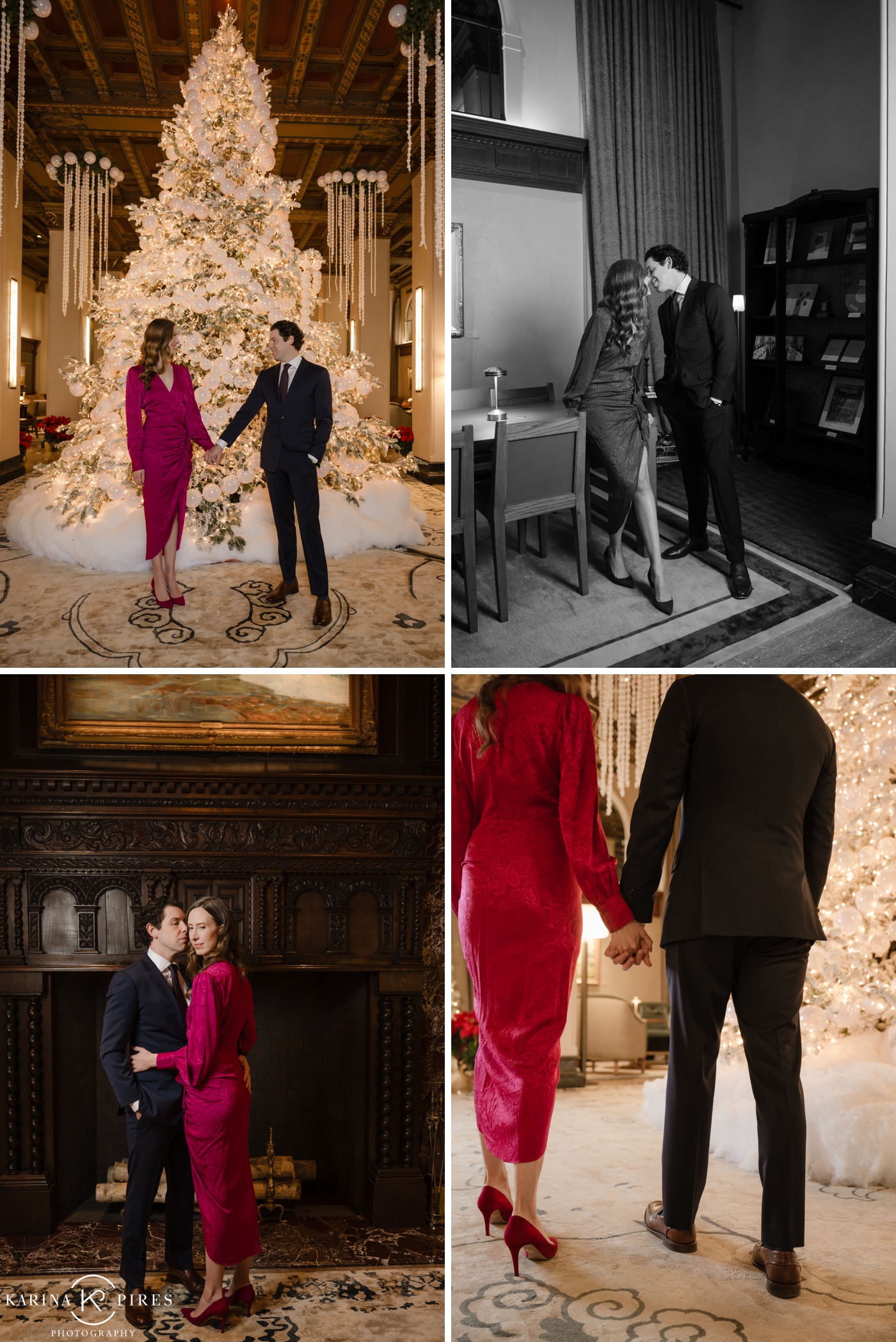 Engagement session in The Jonathan House in Los Angeles, with Christmas decor in the background