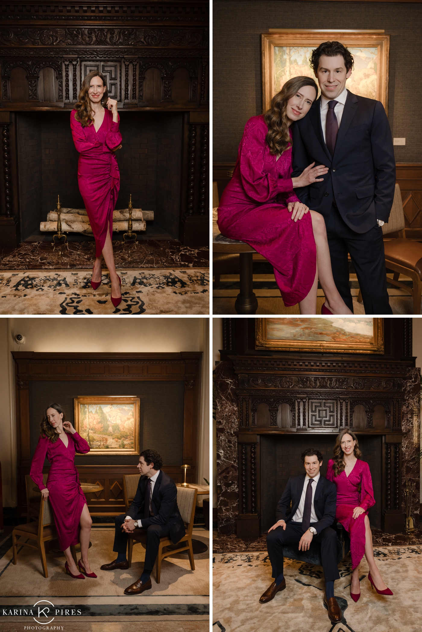 Formal portraits at The Jonathan Club, with an intricate wooden carved fireplace behind the couple 