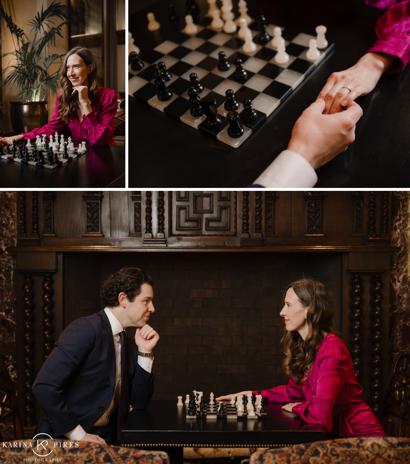 A couple holding hands and playing chess at their downtown LA engagement session