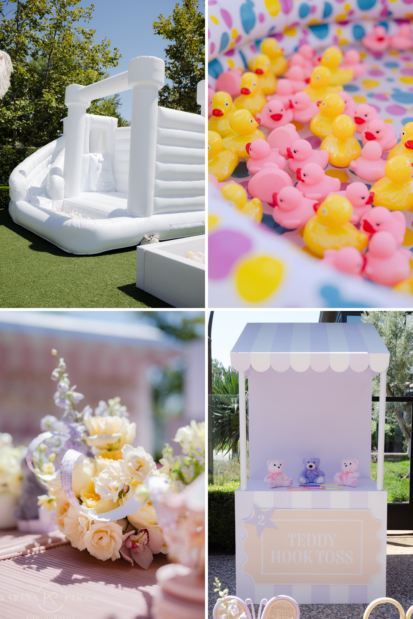 Bounce house and ball pit setup at a backyard first birthday celebration in Los Angeles