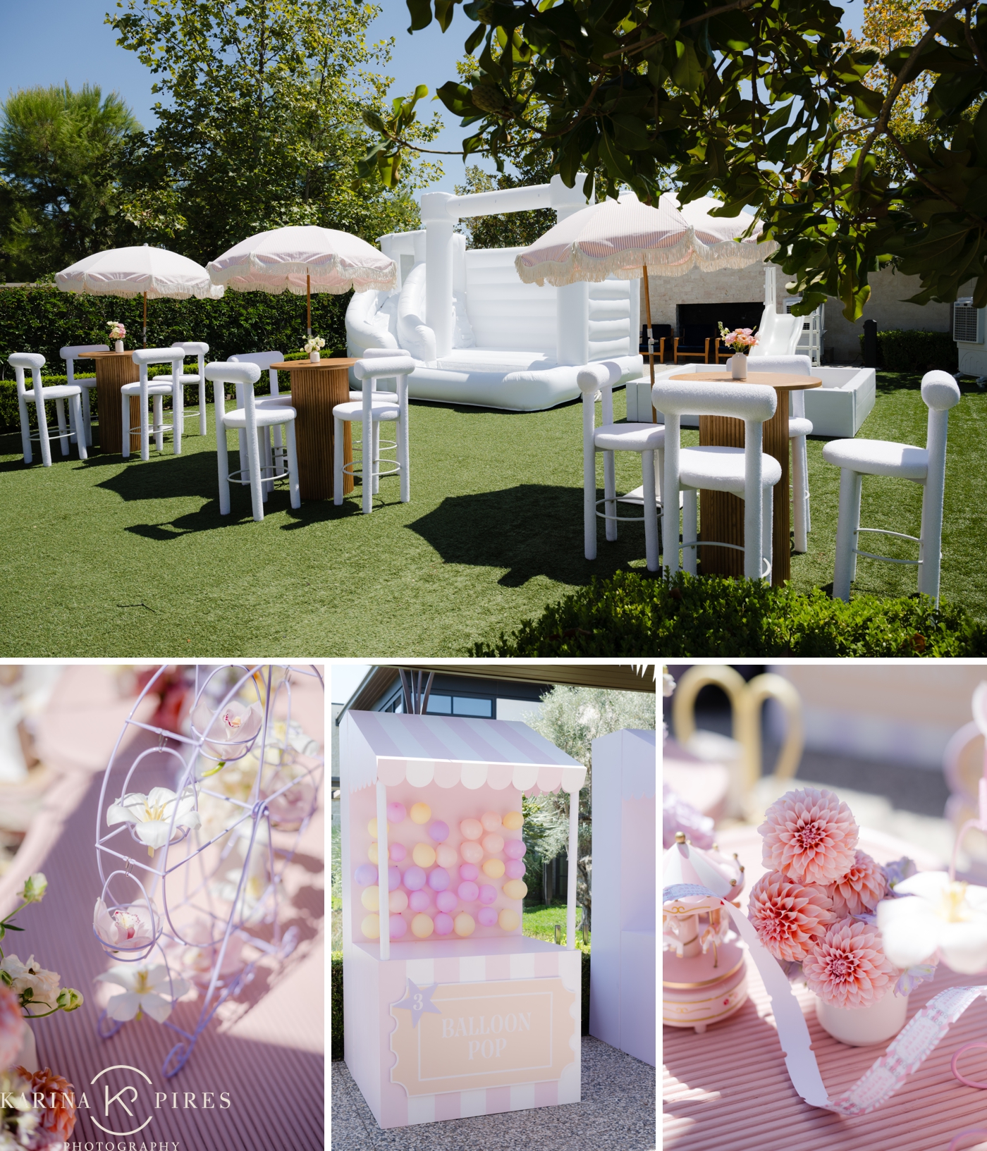 Curved reception tables decorated with pastel flowers, mini carousels, and pink ticket details