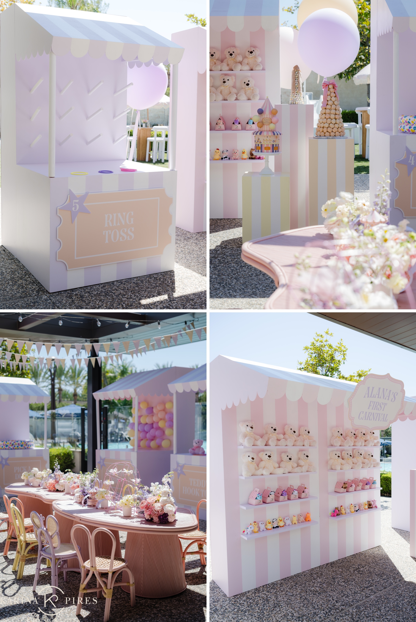 Pastel carnival birthday party setup in a Los Angeles backyard with games and colorful decor