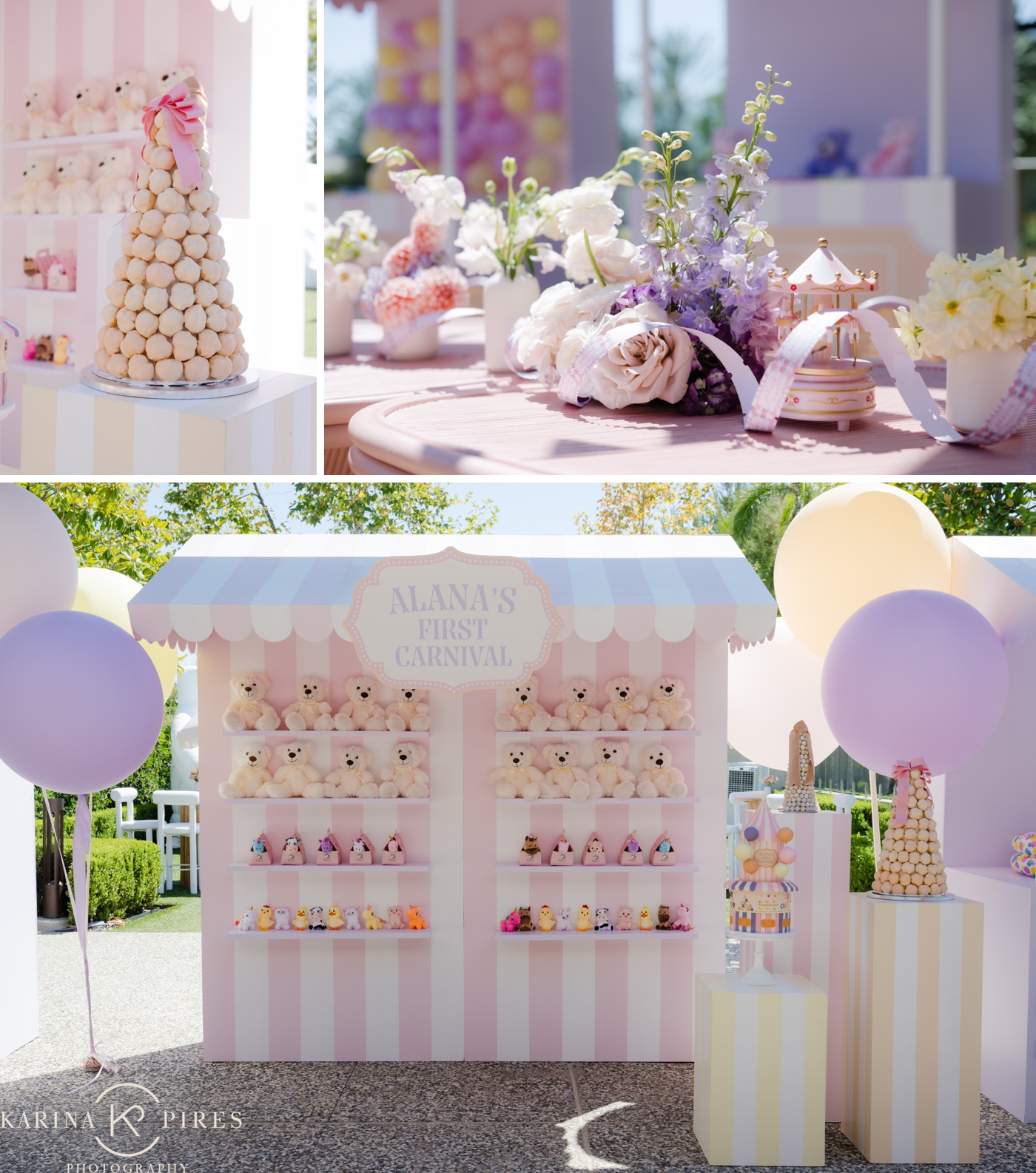 Pastel carnival birthday party setup in a Los Angeles backyard with games and colorful decor, photographed by Karina Pires Photography