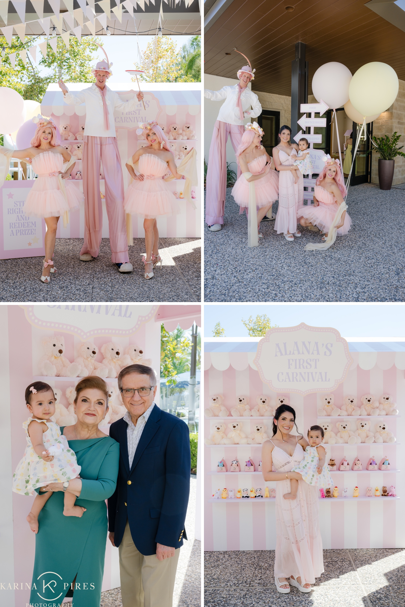 Circus performers entertaining guests at a pastel carnival birthday party