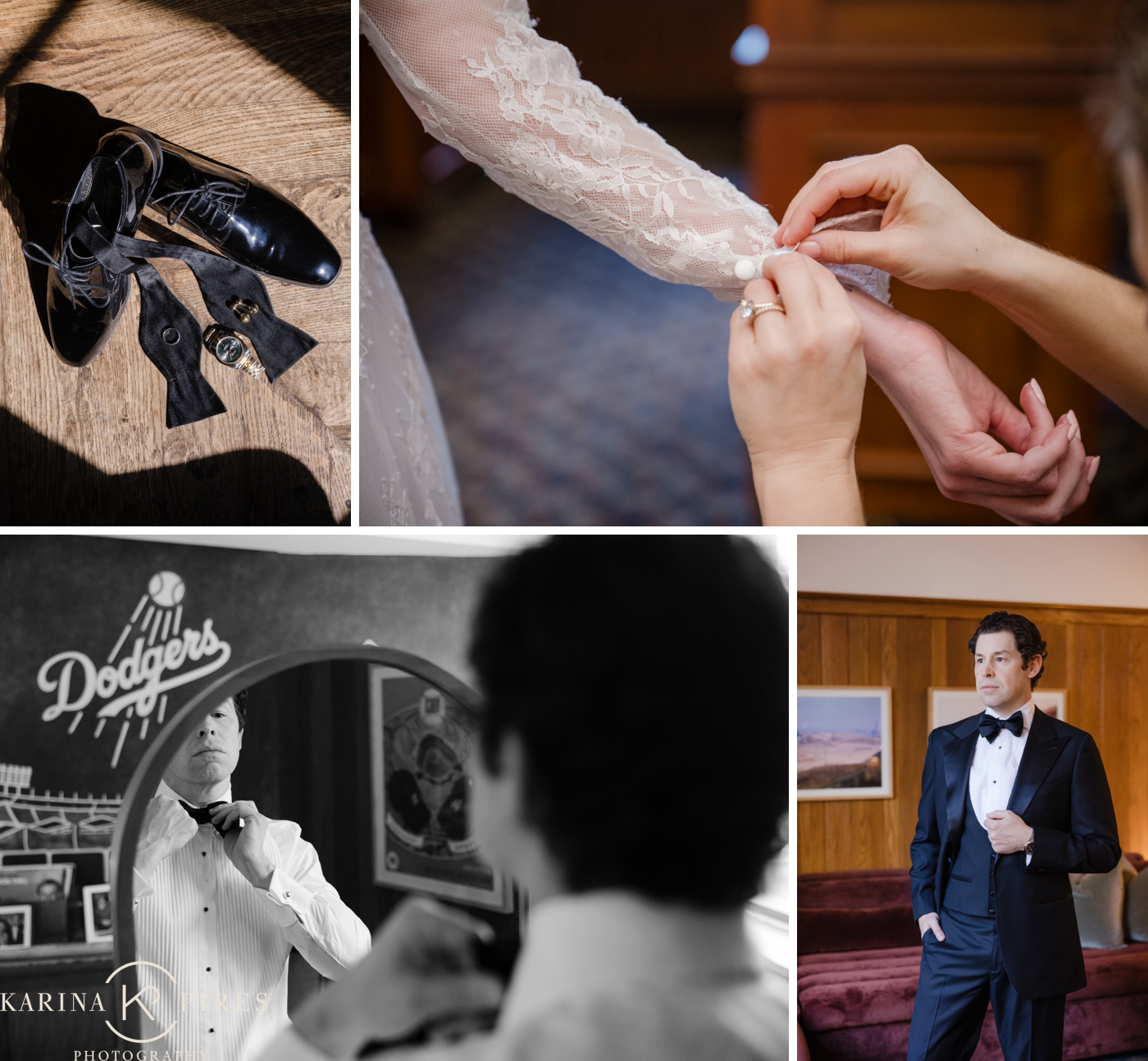Groom's black Oxford shoes, bow tie, watch, and cufflinks arranged on a wooden surface at the Jonathan Club, 