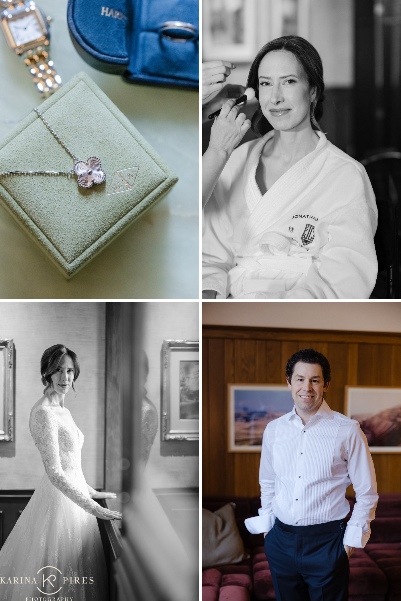 Bride's Van Cleef and Arpels clover necklace in a sage green jewelry box beside a gold watch and blue ring box; the bride smiling softly in a Jonathan Club robe while her makeup is applied