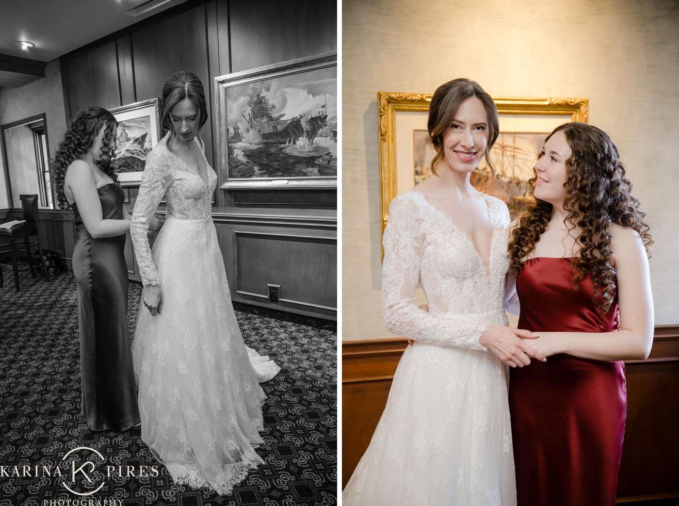 A bride in the Pronovias Paradis lace gown standing beside a bridesmaid in a deep red satin dress, the two of them looking at each other and smiling in front of a gold-framed painting.