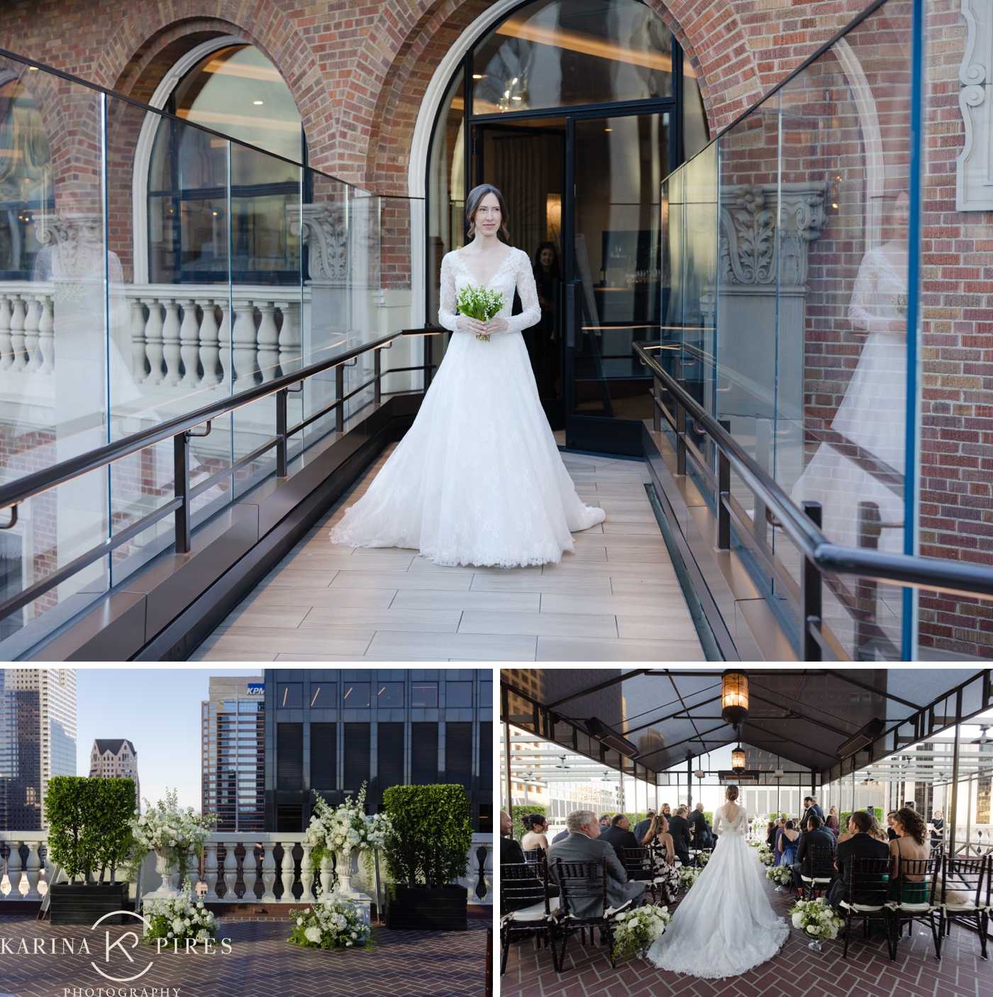 A bride walking down the aisle at the Jonathan Club's rooftop ceremony space, her lace gown and lily of the valley bouquet framed by the brick arches and glass walls behind her