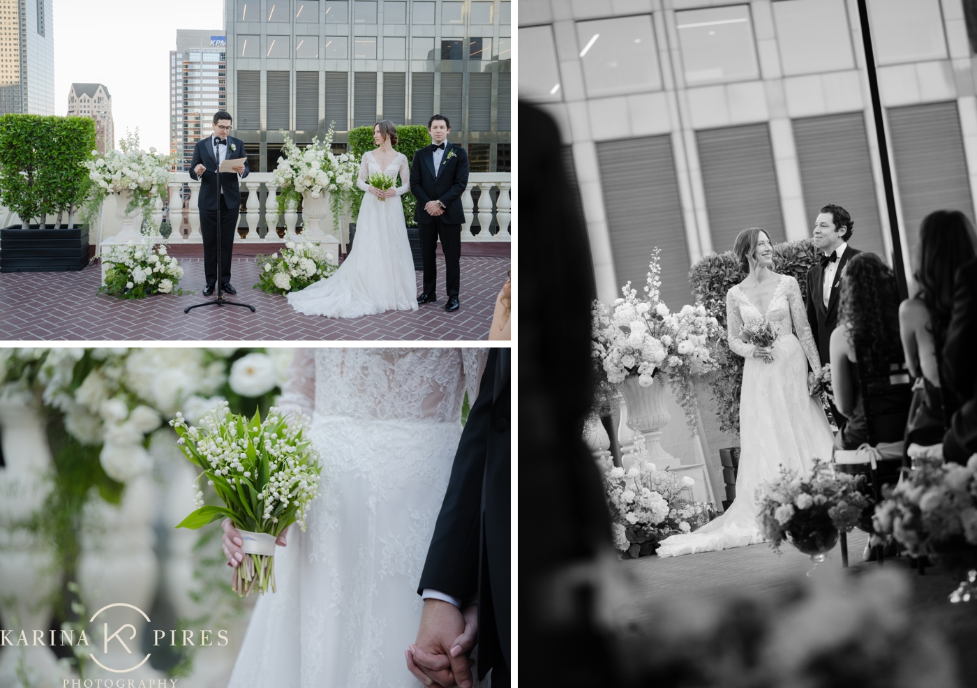 A rooftop wedding at Jonathan Club, with white floral arrangements flanking the altar against the Downtown Los Angeles skyline