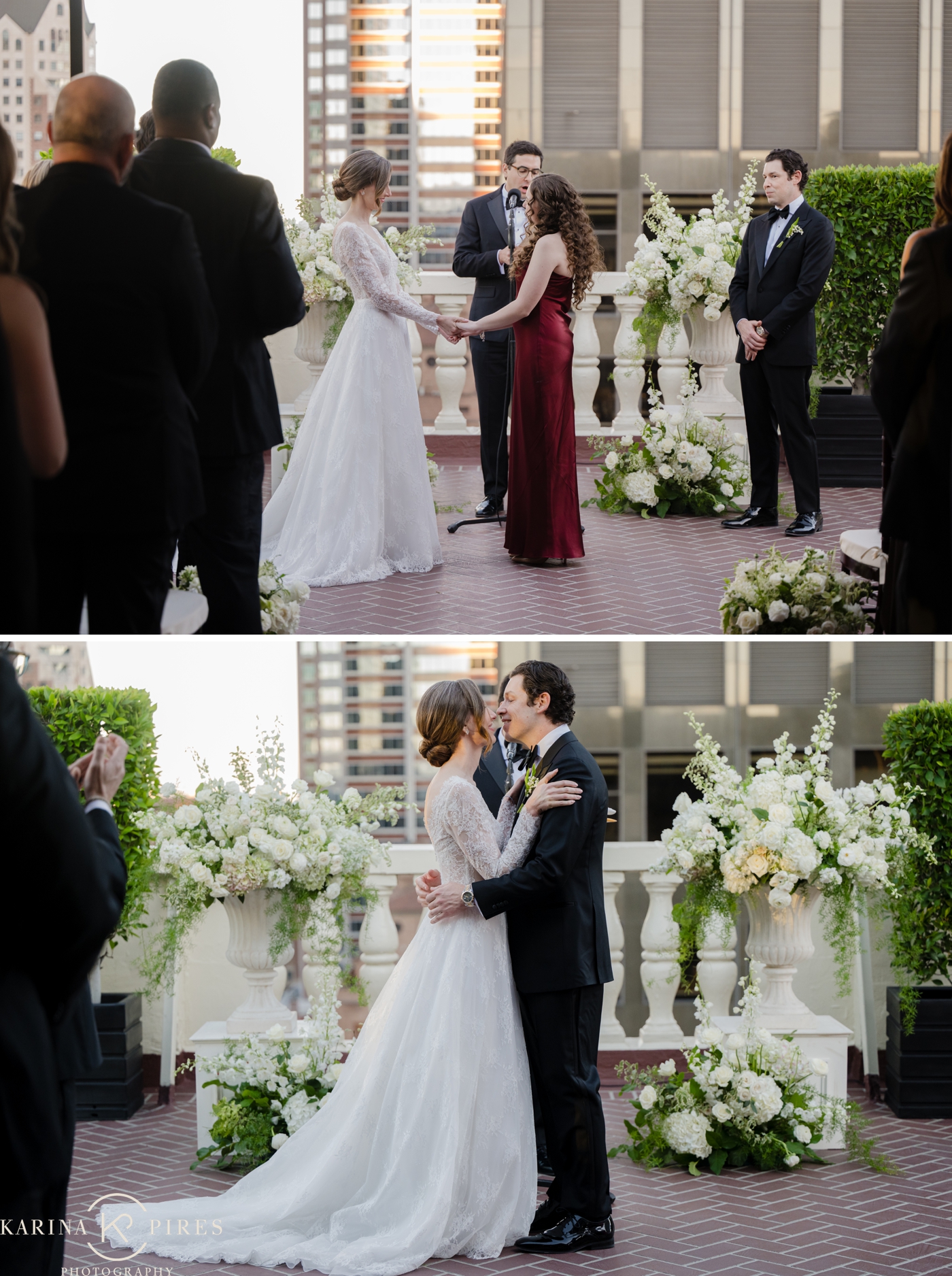 A rooftop wedding at Jonathan Club, with white floral arrangements flanking the altar against the Downtown Los Angeles skyline