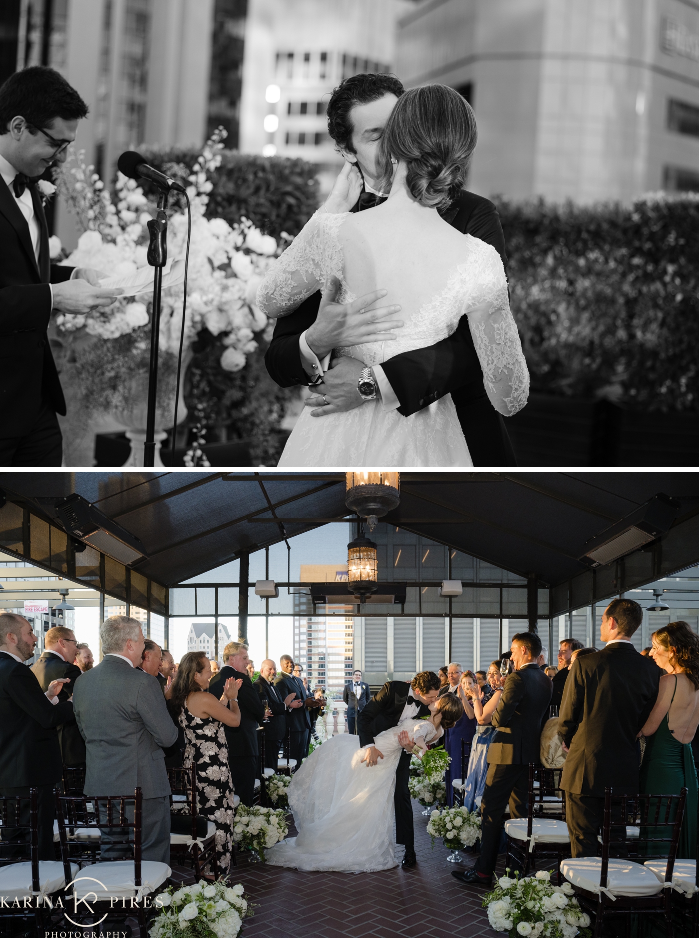 A groom dipping his bride after their downtown LA wedding ceremony 