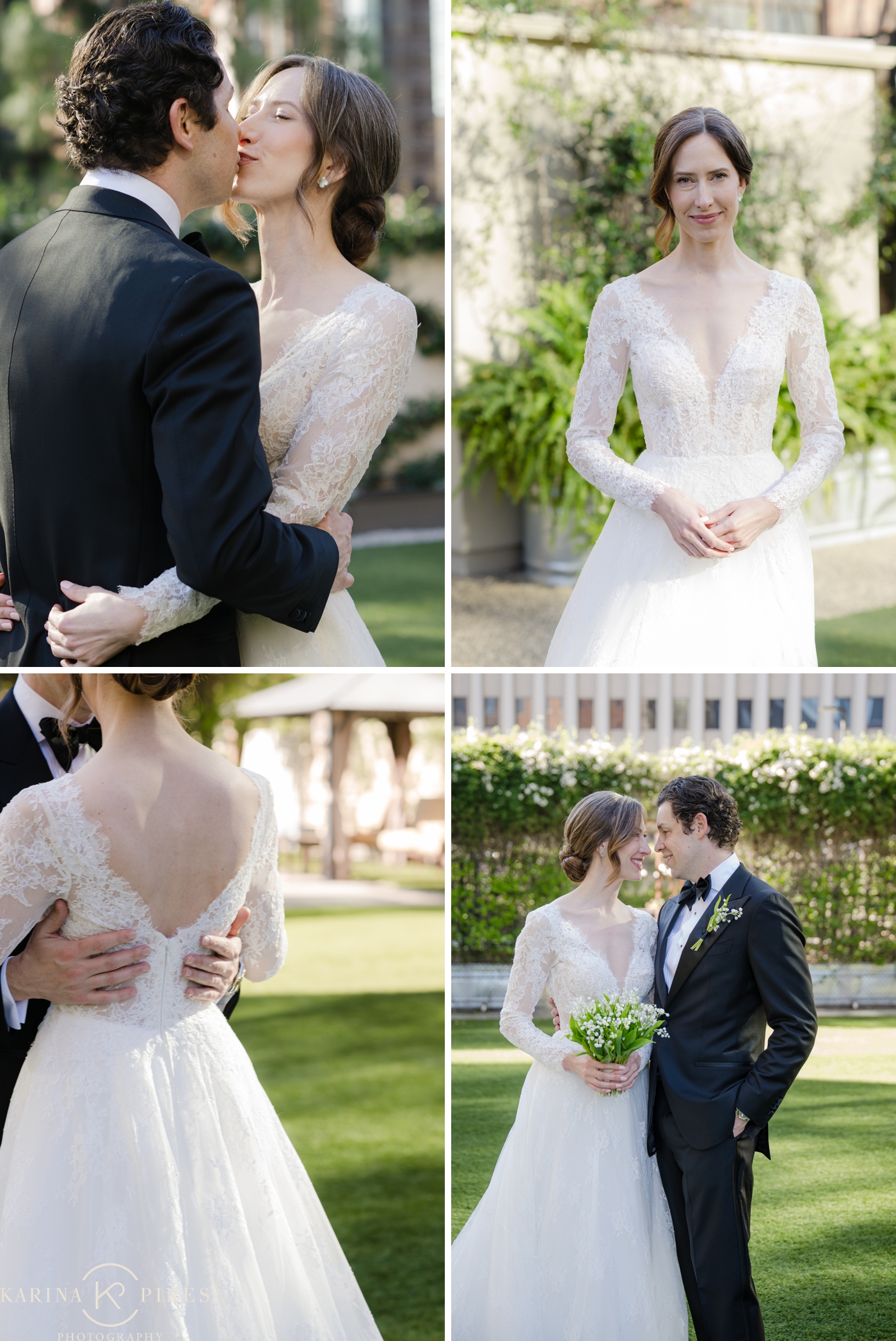 Bride and groom pictures on the lawn of the Jonathan Club in LA, with the bride in a lace gown by Pronovias, the groom in a black tuxedo, the bride holding a lily of the valley bouquet