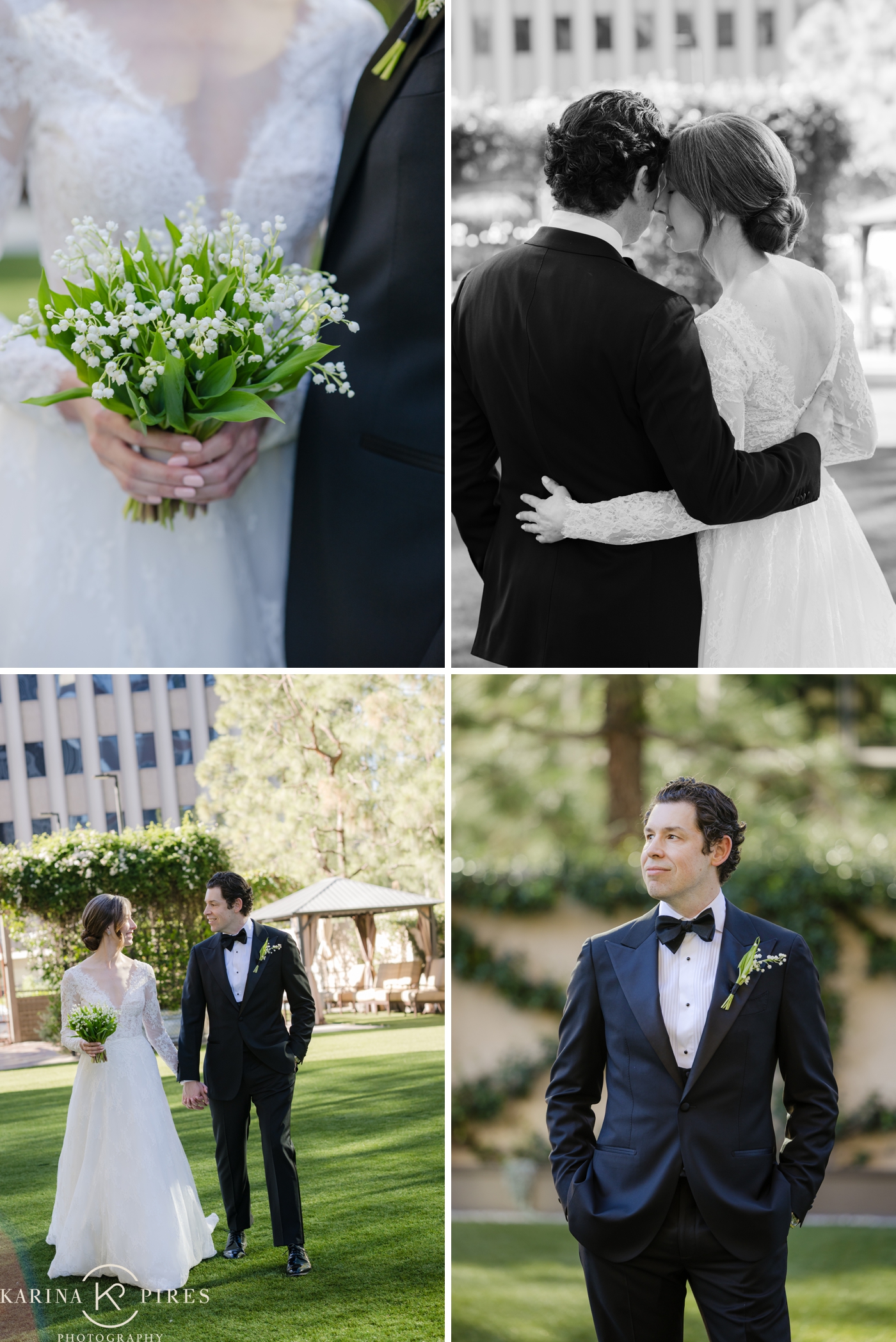 Bride and groom pictures on the lawn of the Jonathan Club in LA, with the bride in a lace gown by Pronovias, the groom in a black tuxedo, the bride holding a lily of the valley bouquet