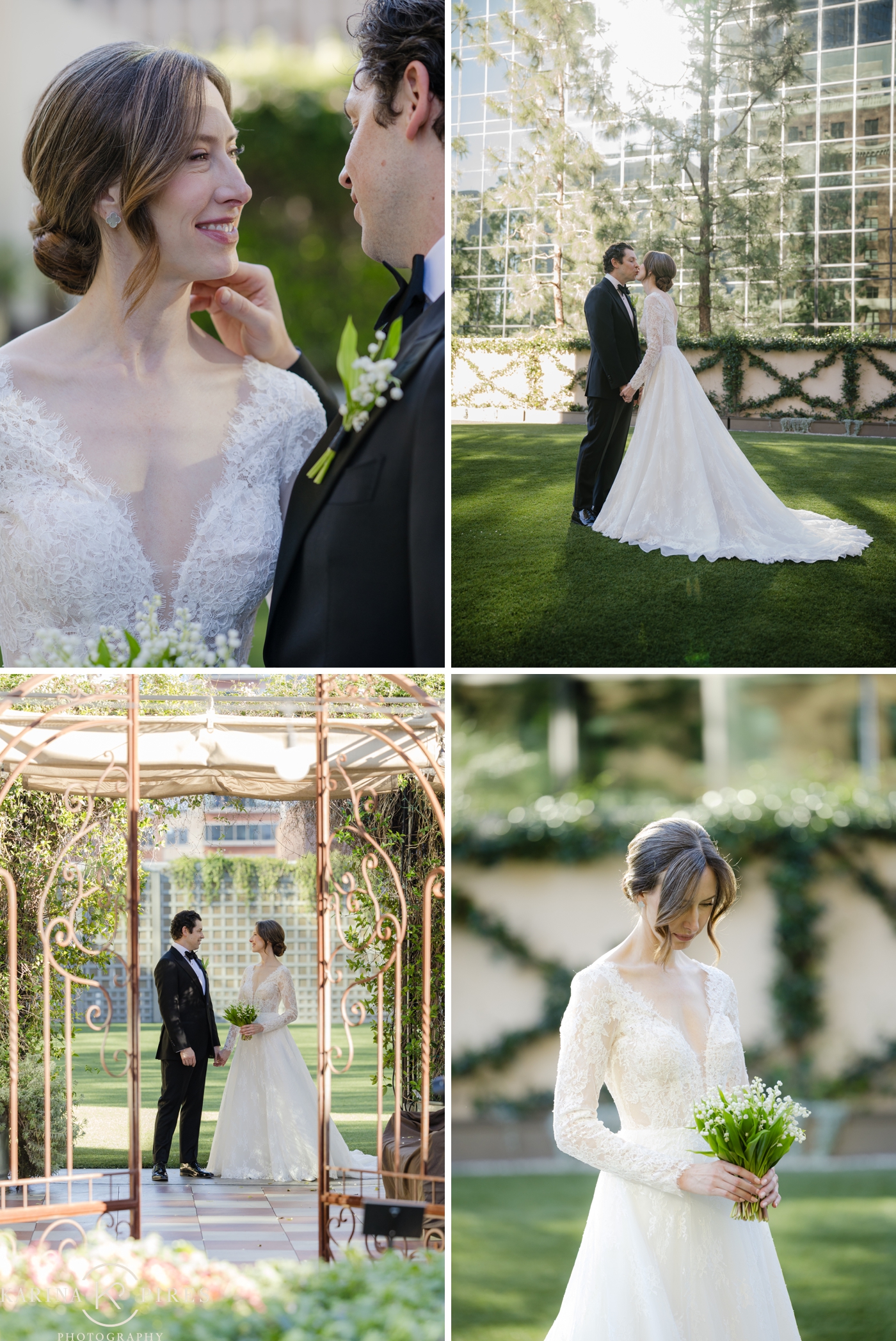 Bride and groom pictures at the Jonathan Club, standing together on the lawn with the Downtown Los Angeles skyline behind them
