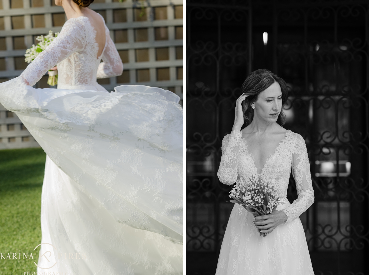 The back of Adrienne's Pronovias gown caught mid-movement, the skirt lifting in the breeze to reveal its full voluminous silhouette against the Jonathan Club lattice wall