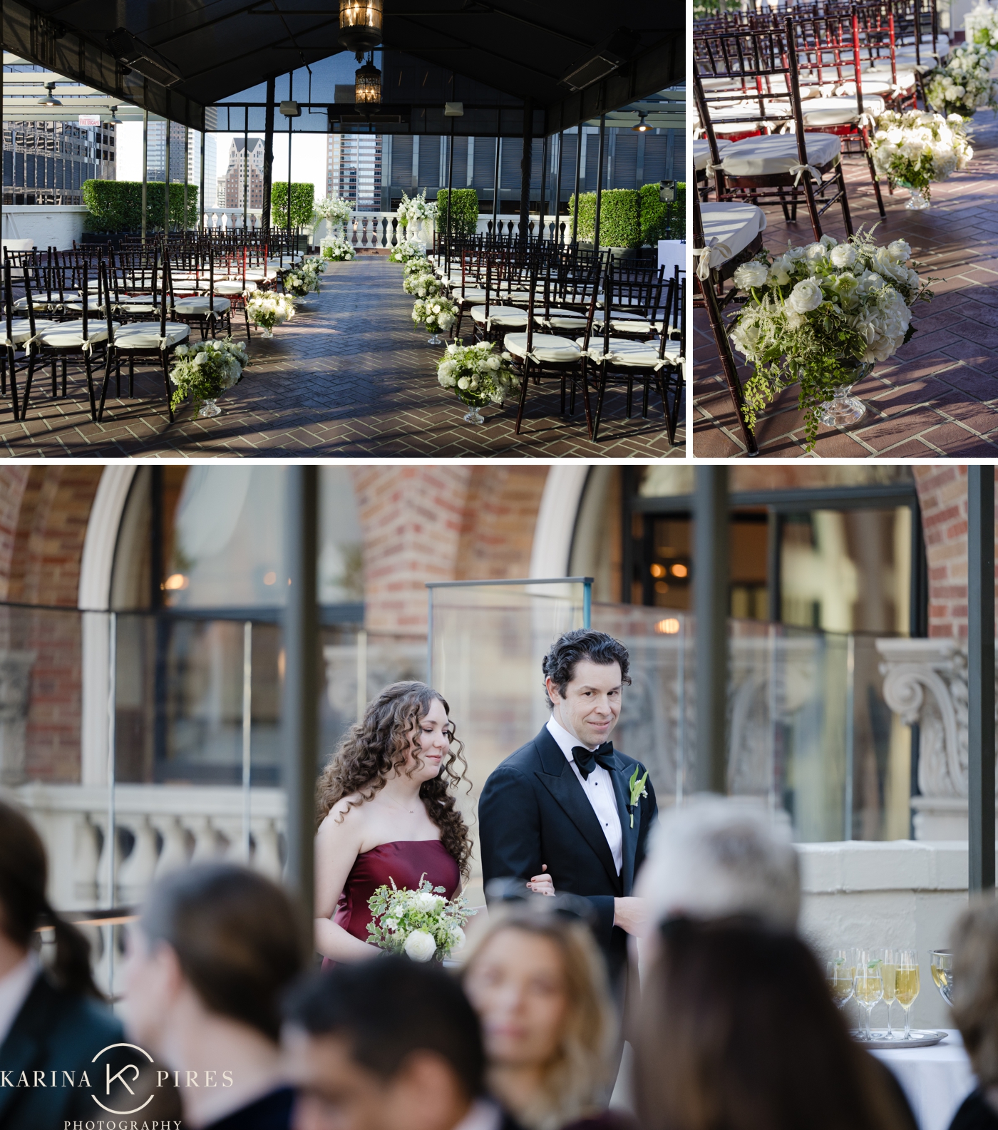 An intimate wedding ceremony on the rooftop of The Jonathan Club, gathering of fifty people seated on either side.