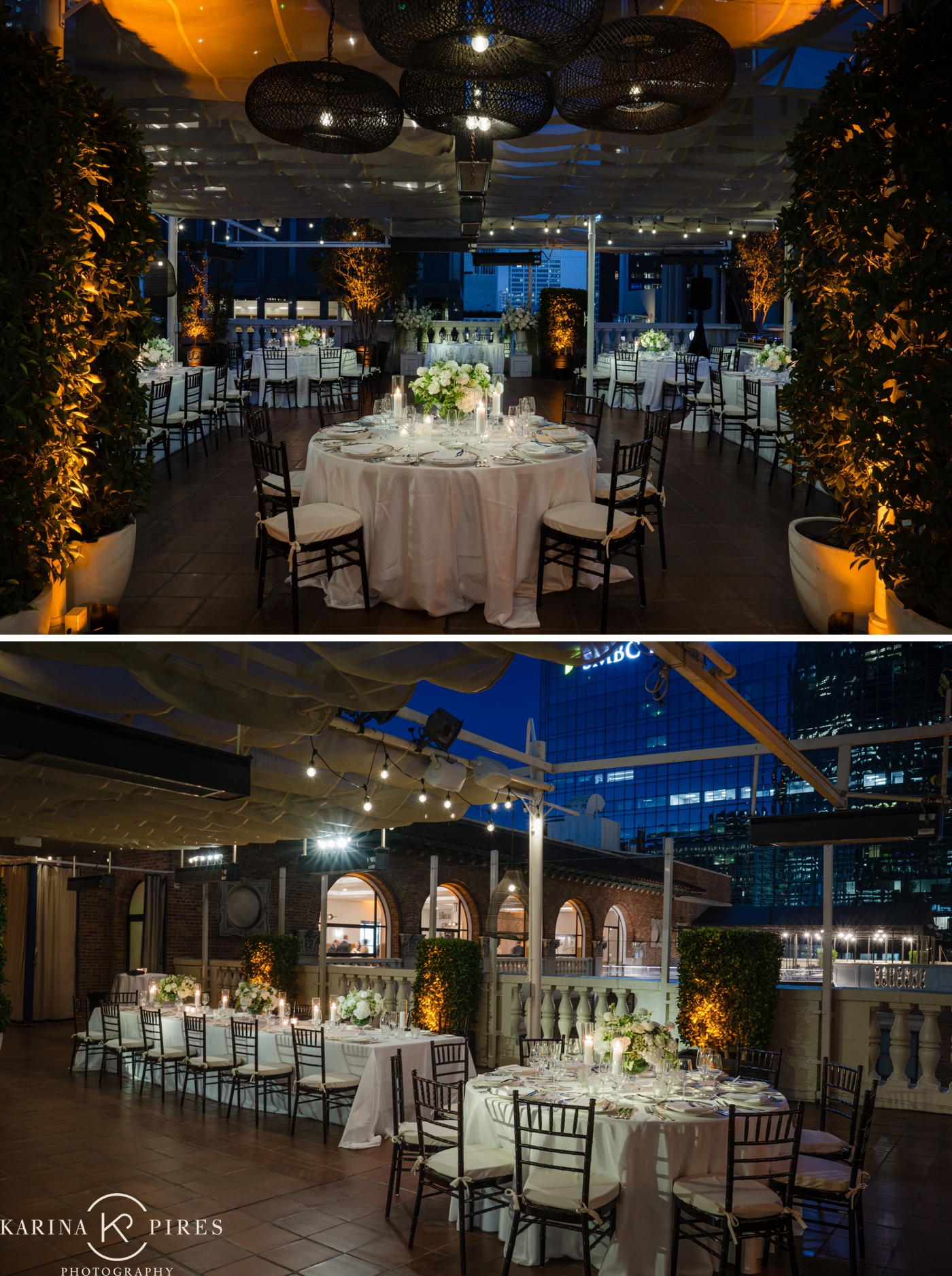 The Jonathan Club South Patio set for dinner at dusk, round tables with white linens and dark chiavari chairs surrounded by uplighted trees against the Downtown Los Angeles skyline