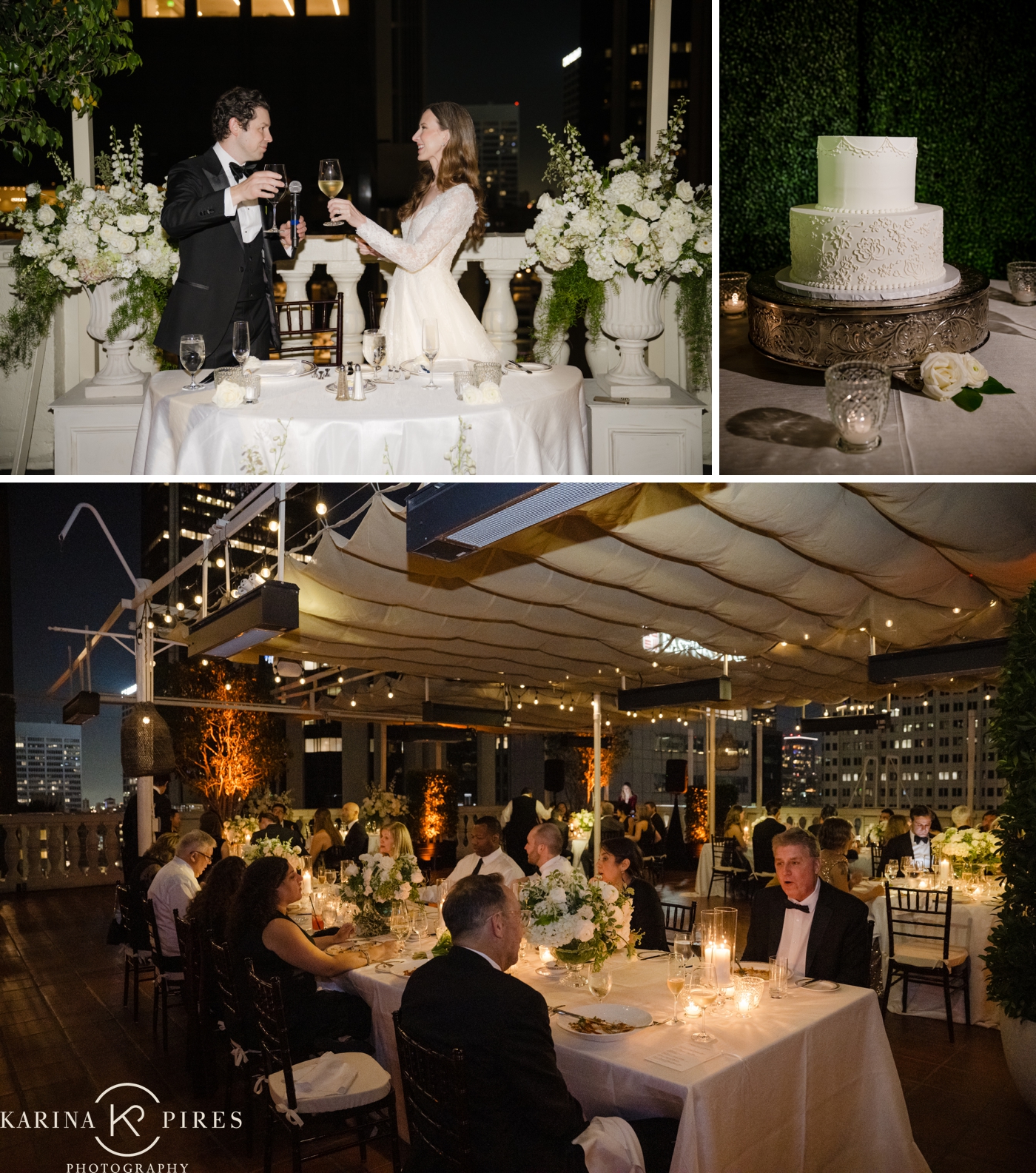 The Jonathan Club South Patio transformed for the evening reception, round tables glowing with candlelight beneath woven pendant lights and warm uplighting on sculptural trees, the city of Downtown Los Angeles visible beyond the terrace