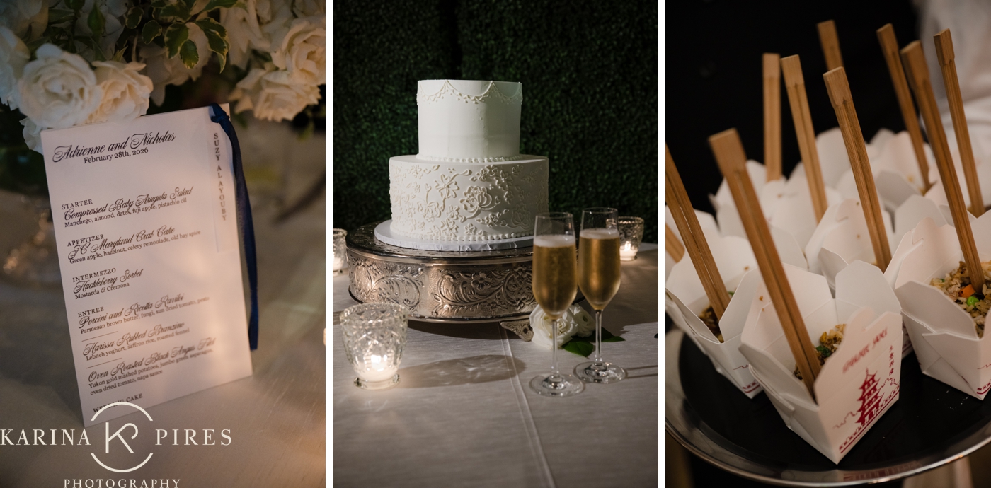 Wedding day details at the Jonathan Club, including a two tier white cake, Chinese takeout food, calligraphy menu