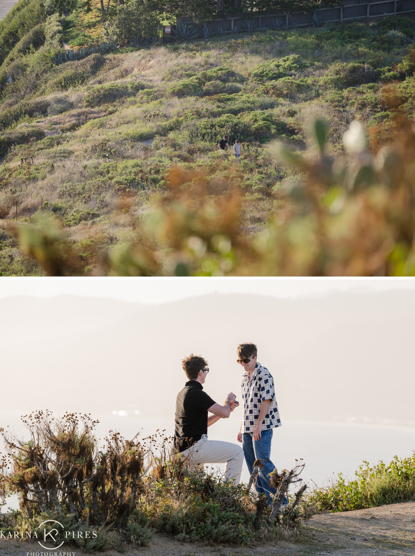A view of a couple getting engaged by the beach in Los Angeles