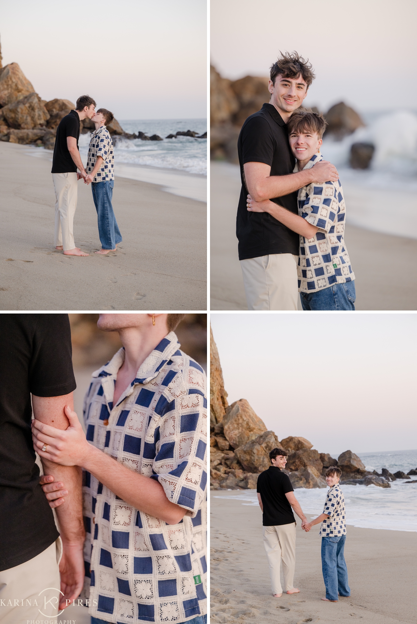 A LGBTQ+ couple walking hand in hand along the beach during their post-proposal engagement session in Los Angeles