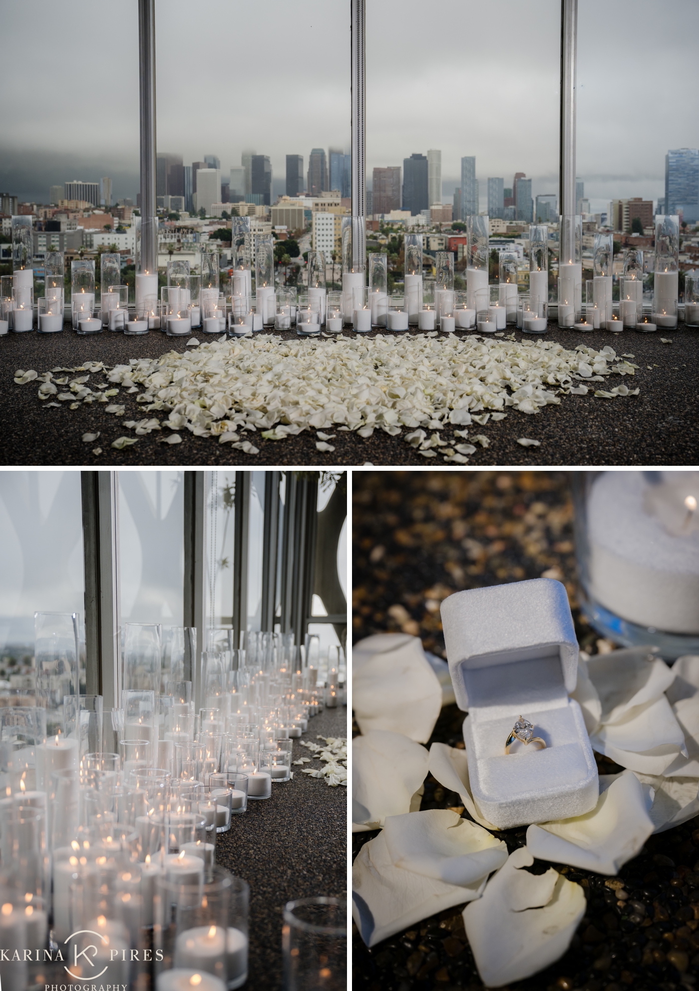 Rainy day proposal setup with white rose petals and dozens of candles overlooking the Downtown Los Angeles skyline.
