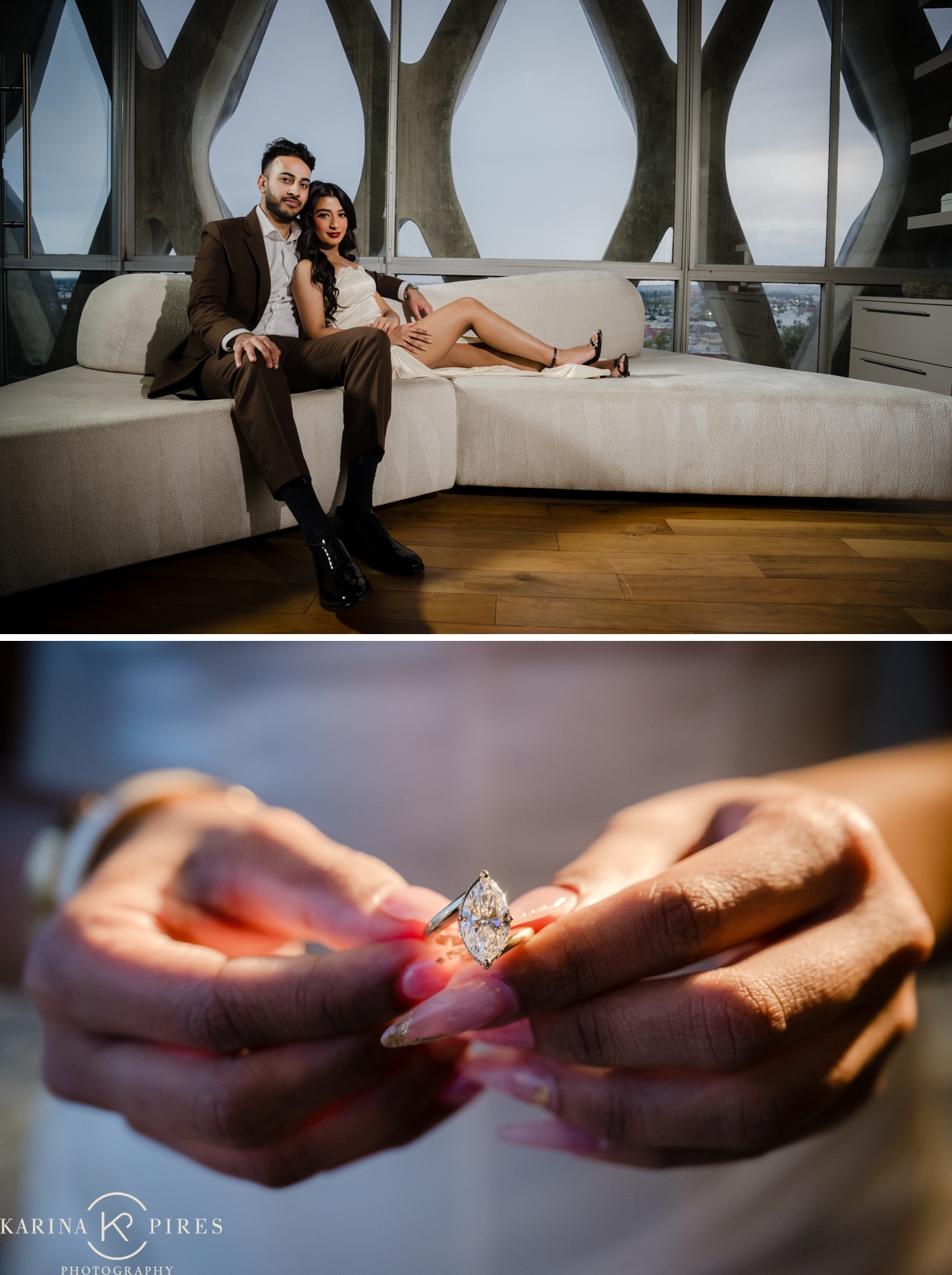 Candlelit indoor proposal at the American Cement Building with cloudy Downtown Los Angeles skyline views.