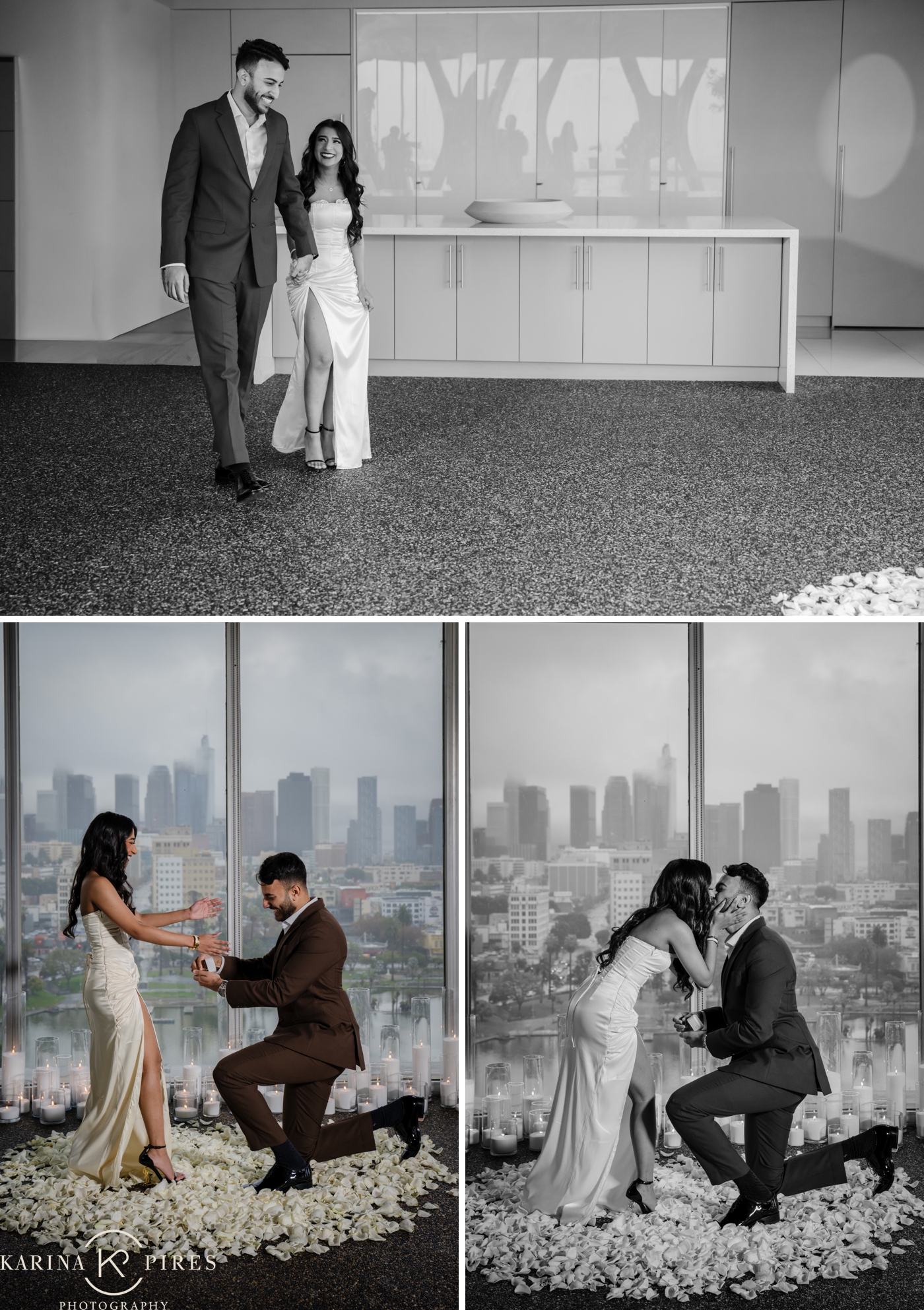 Danish proposing to Ritz in front of floor-to-ceiling windows with views of Downtown Los Angeles at the American Cement Building 