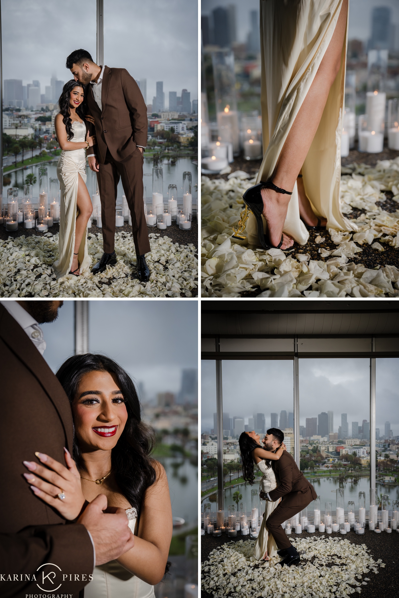 Candlelit indoor proposal at the American Cement Building with cloudy Downtown Los Angeles skyline views.