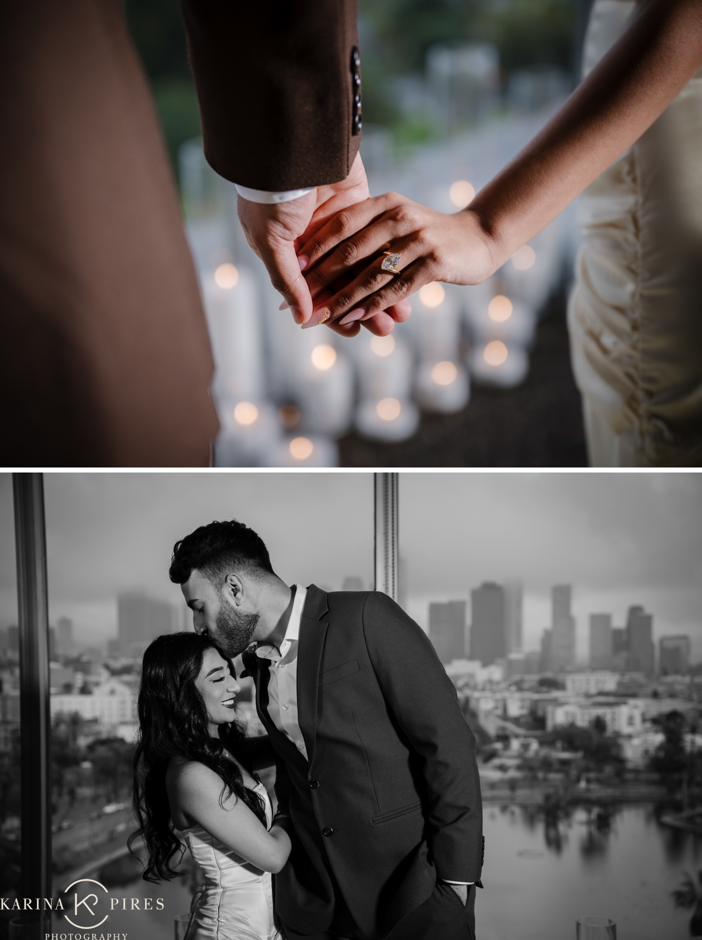 Ritz and Danish kissing during their post-proposal portrait session with the Los Angeles skyline behind them.