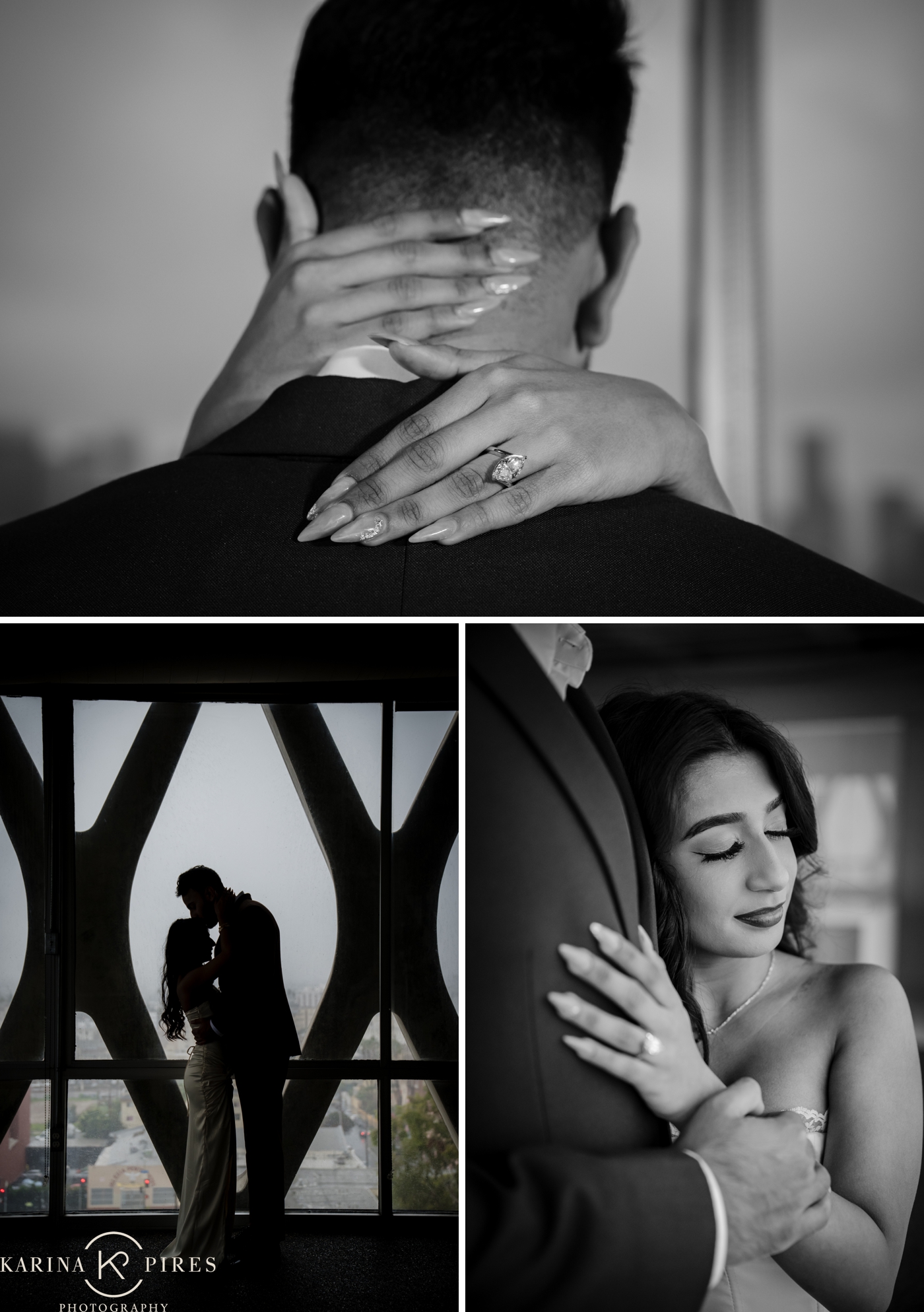 Newly engaged couple posing for dramatic black-and-white portraits after their surprise proposal.