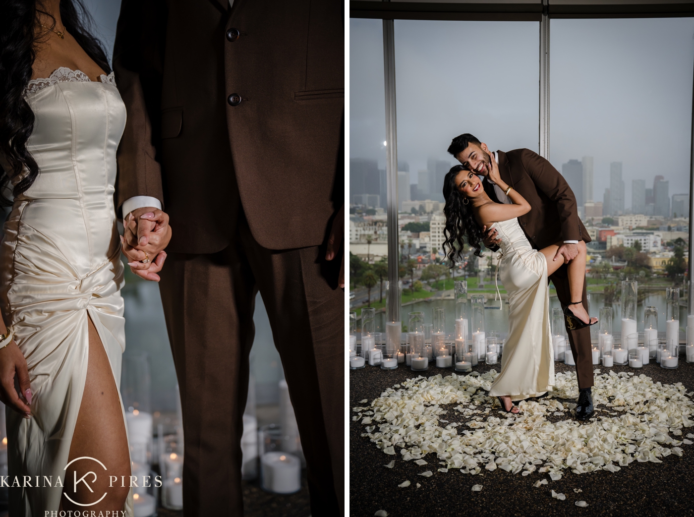 Candlelit indoor proposal at the American Cement Building with cloudy Downtown Los Angeles skyline views.