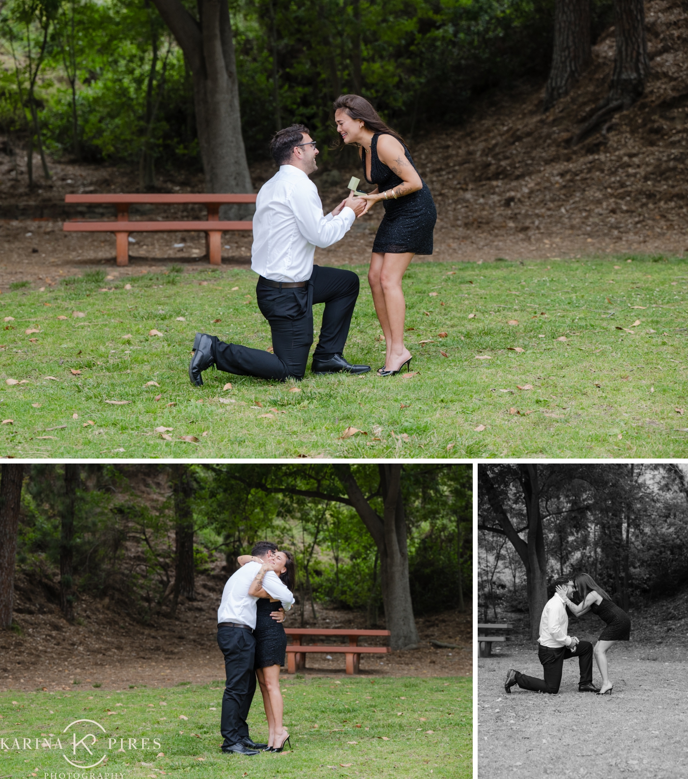 Antoine proposing to Soma at Griffith Park in Los Angeles, with the man on one knee, and the woman bending over in surprise, where the couple first met five years earlier.