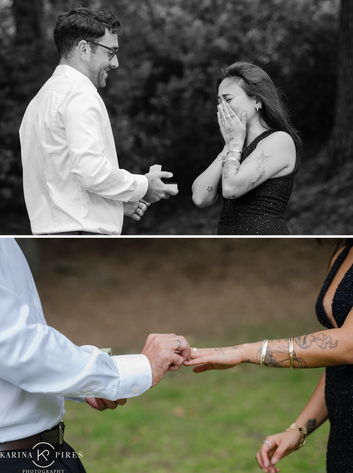 A man on one knee proposing at Griffith Park in Los Angeles, and the woman bending over in surprise