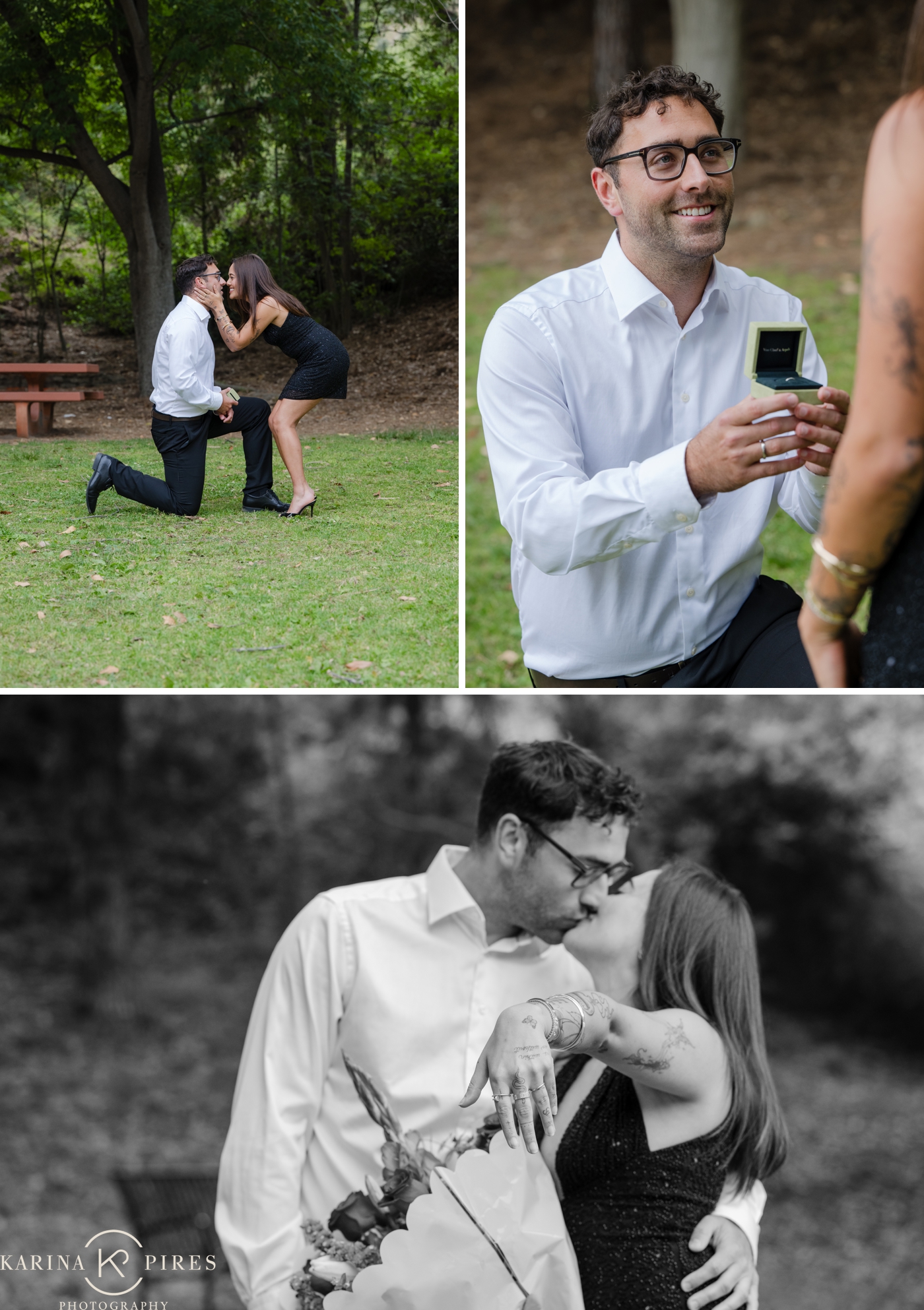 A man on one knee proposing at Griffith Park in Los Angeles, and the woman bending over in surprise