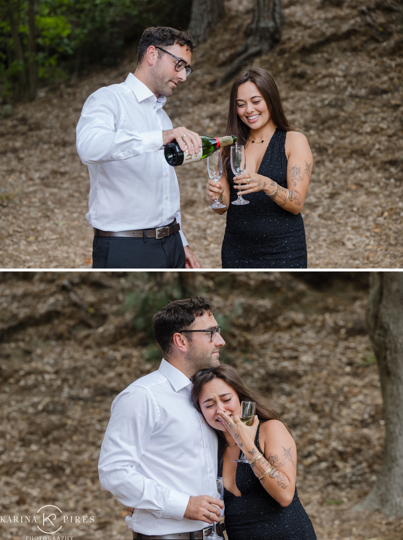 A couple popping a bottle of champagne after their proposal