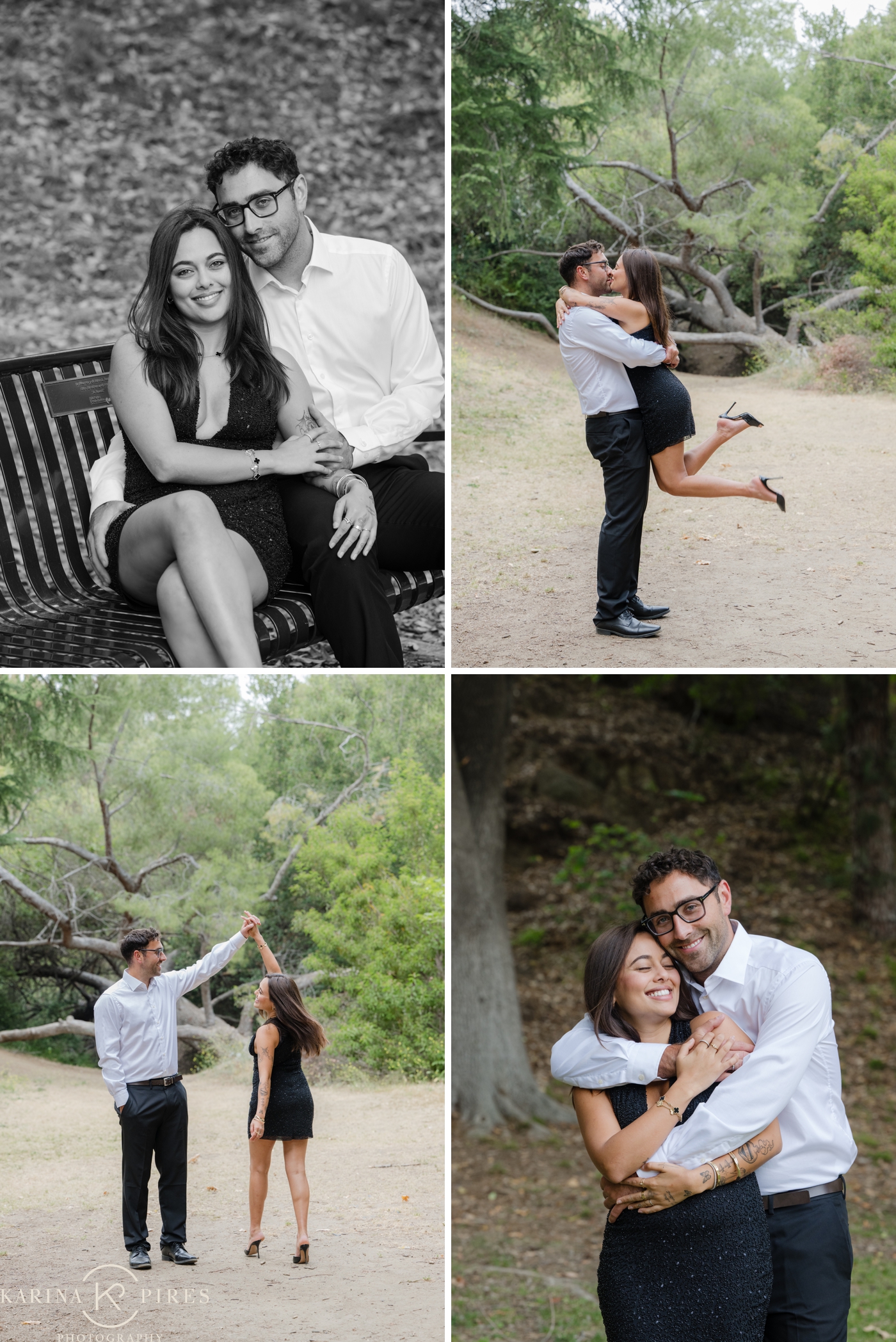 A couple sitting on a metal park bench at Griffith Park in Los Angeles after their proposal, next to images of the couple embracing