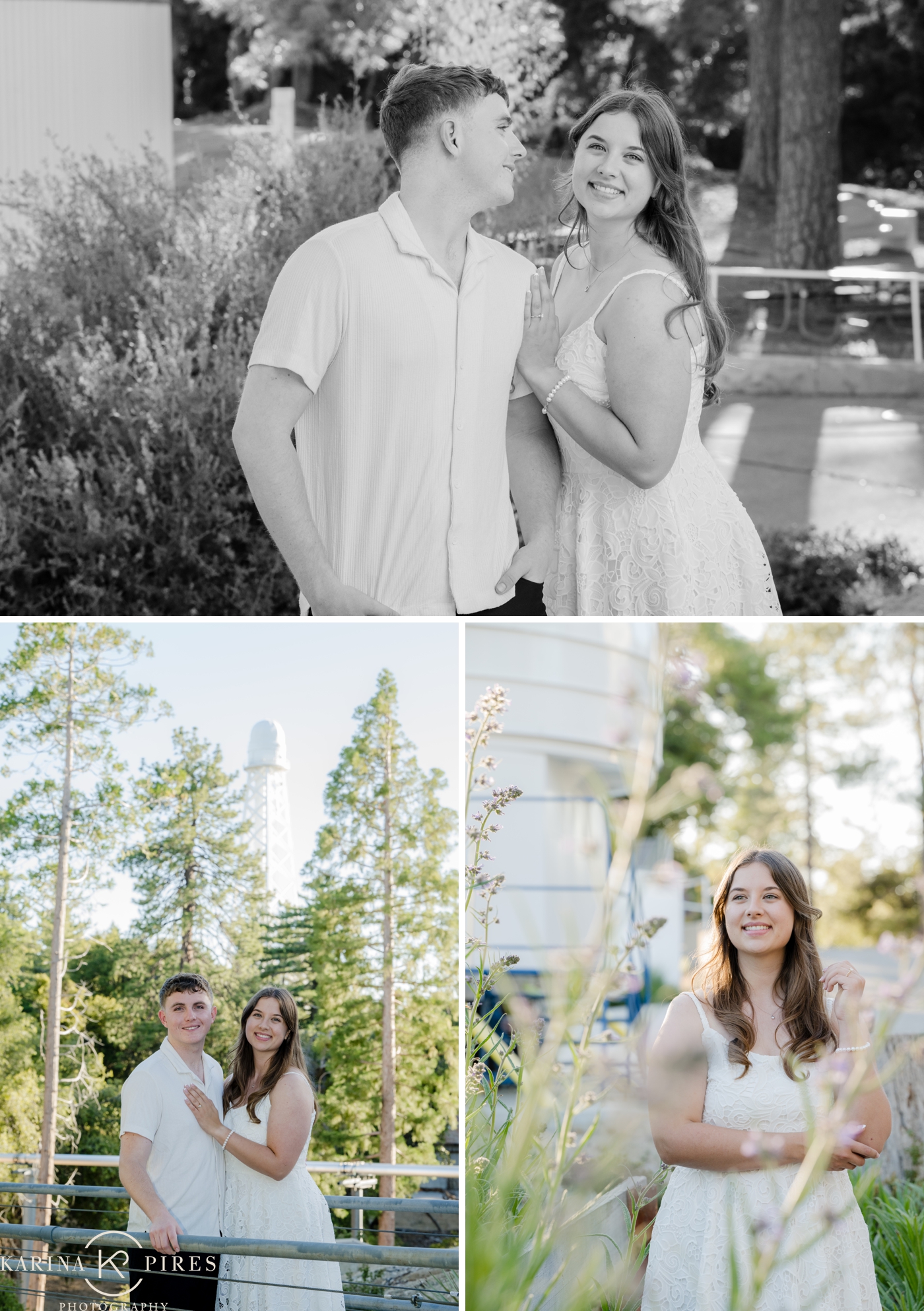 Engagement photos at Mount Wilson Observatory after a romantic mountain proposal, with the woman in a short white dress, the man in a white button down, and the sunset behind them