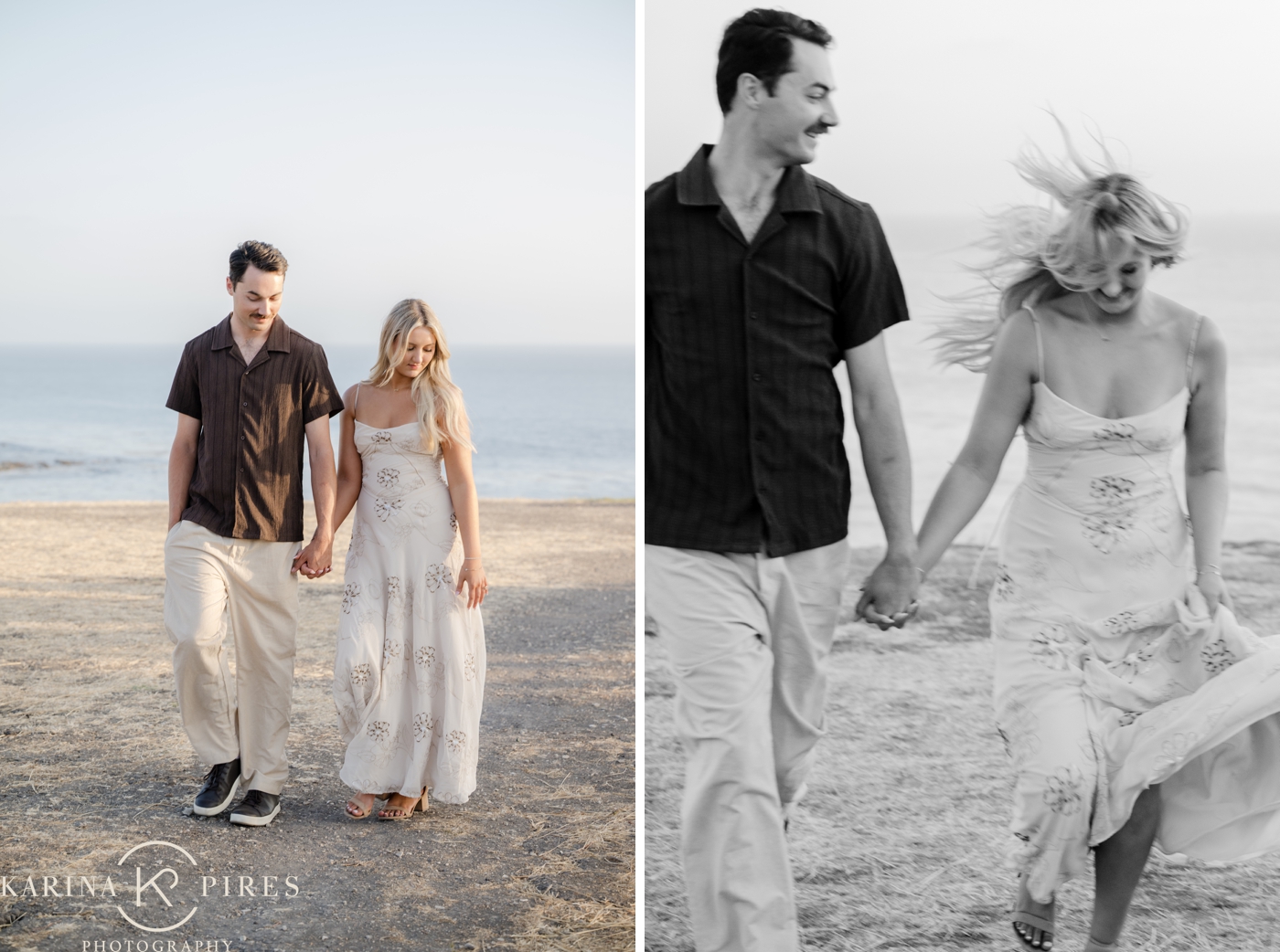 A couple holding hands, with the wind sweeping their hair around, on a cliffside in California